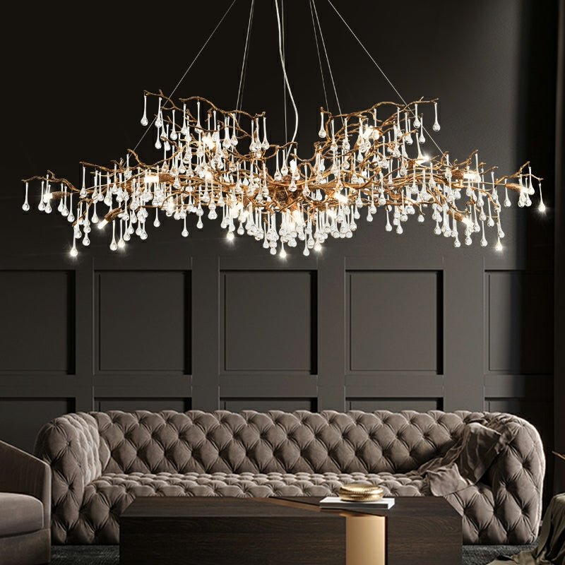 New Style Extra Large Brass Branch Chandelier Light Crystal Drops Pendant Lamp For Living/ Dining Room - L47.2"*W21.7"*H23.6"/ 14 Lights/36.4kgWarm LightBlushlighting