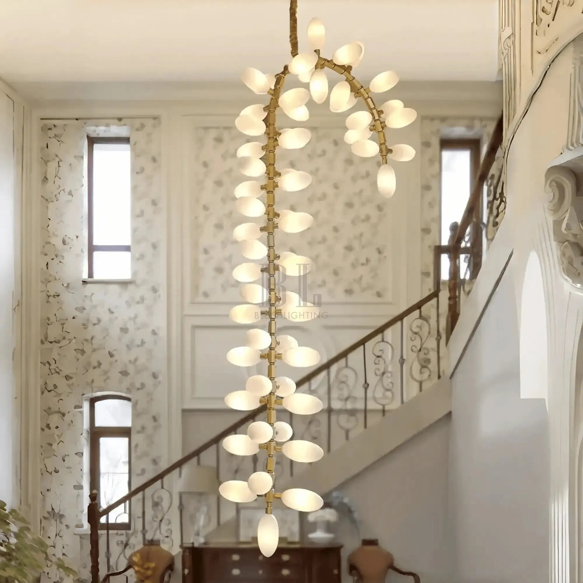 Nordic Art Long Magnolia alba Glass Ceiling Chandelier for Staircase/Hallway/Entryway Light Fixture-Chandeliers-Blushlighting-Blushlighting