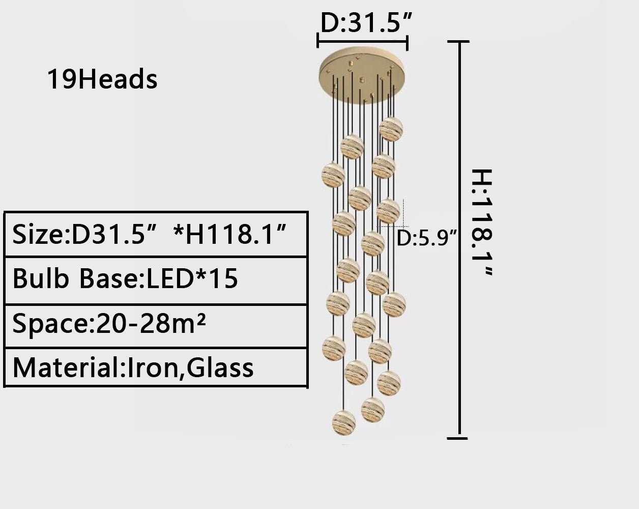 Nordic Planet Creative Long Ball Pendant Chandelier Staircase Foyer - 10 Lights: D15.8"*H78.7"Blushlighting