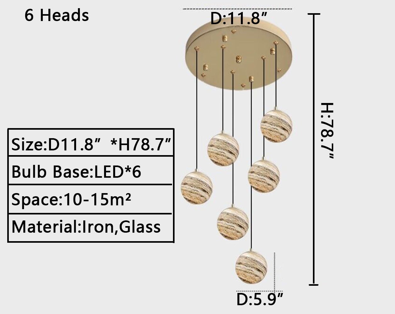 Nordic Planet Creative Long Ball Pendant Chandelier Staircase Foyer - 6 Lights: D11.8"*H78.7"Blushlighting