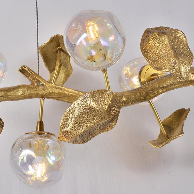 Organic Glass Bubble Brass Branch Chandelier with Leaves - Blushlighting