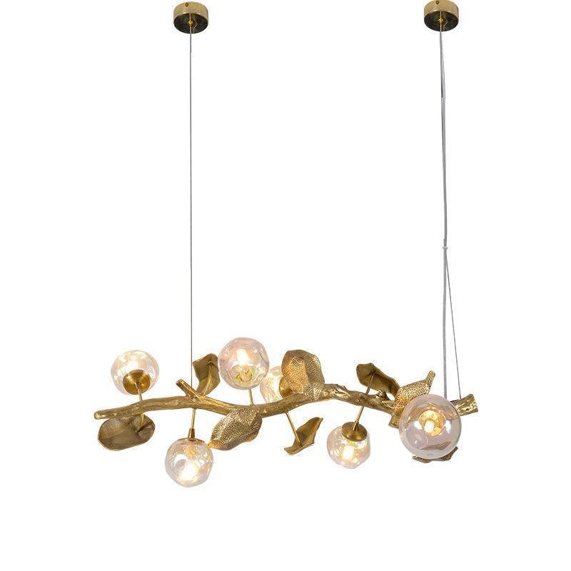 Organic Glass Bubble Brass Branch Chandelier with Leaves - Blushlighting