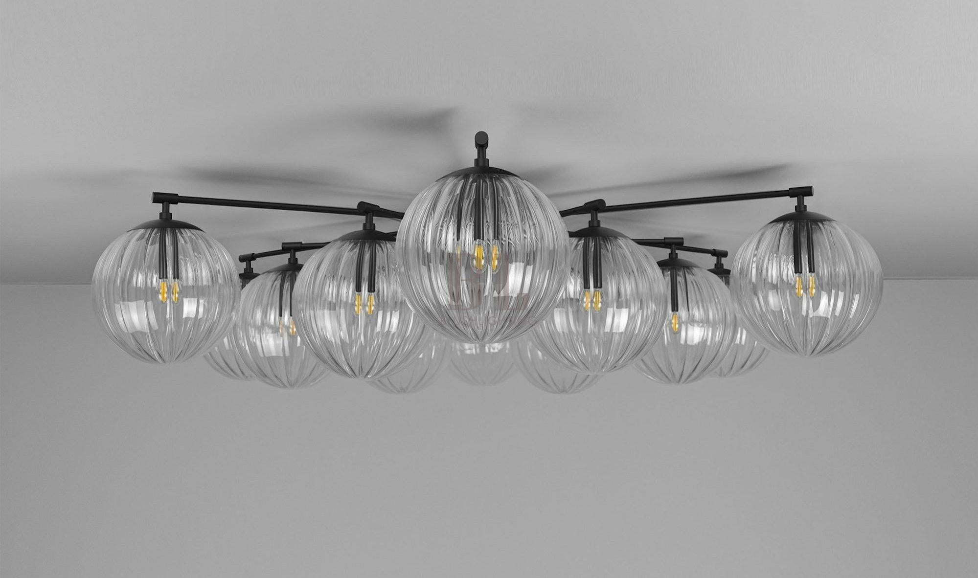 Orion Oval Flush Mount Base Chandelier Ø47.8″ - Black gunmetalBorosilicate Transparent Ribbon GlassBlushlighting