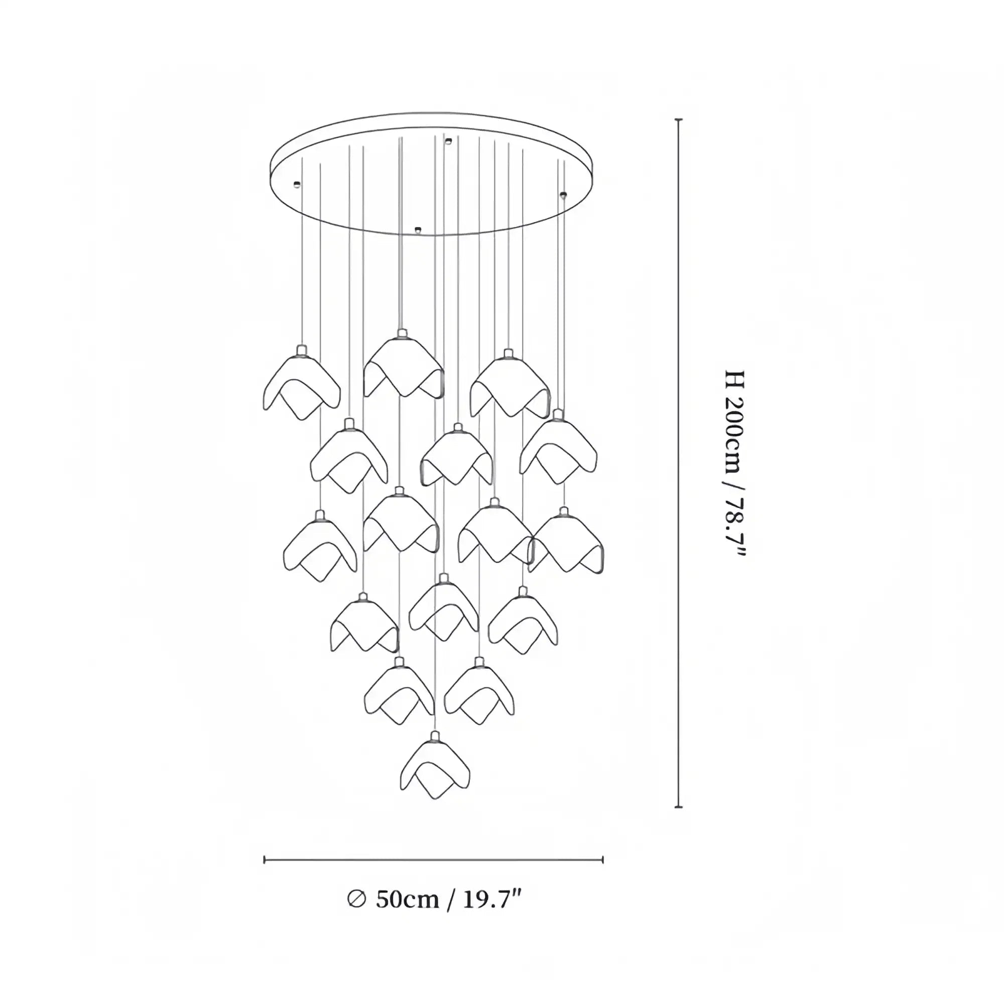Orlani Bloom Cascade Stairs Chandelier - 64 - lights B Size: ∅ 39.4″ x H 157.4″Blushlighting