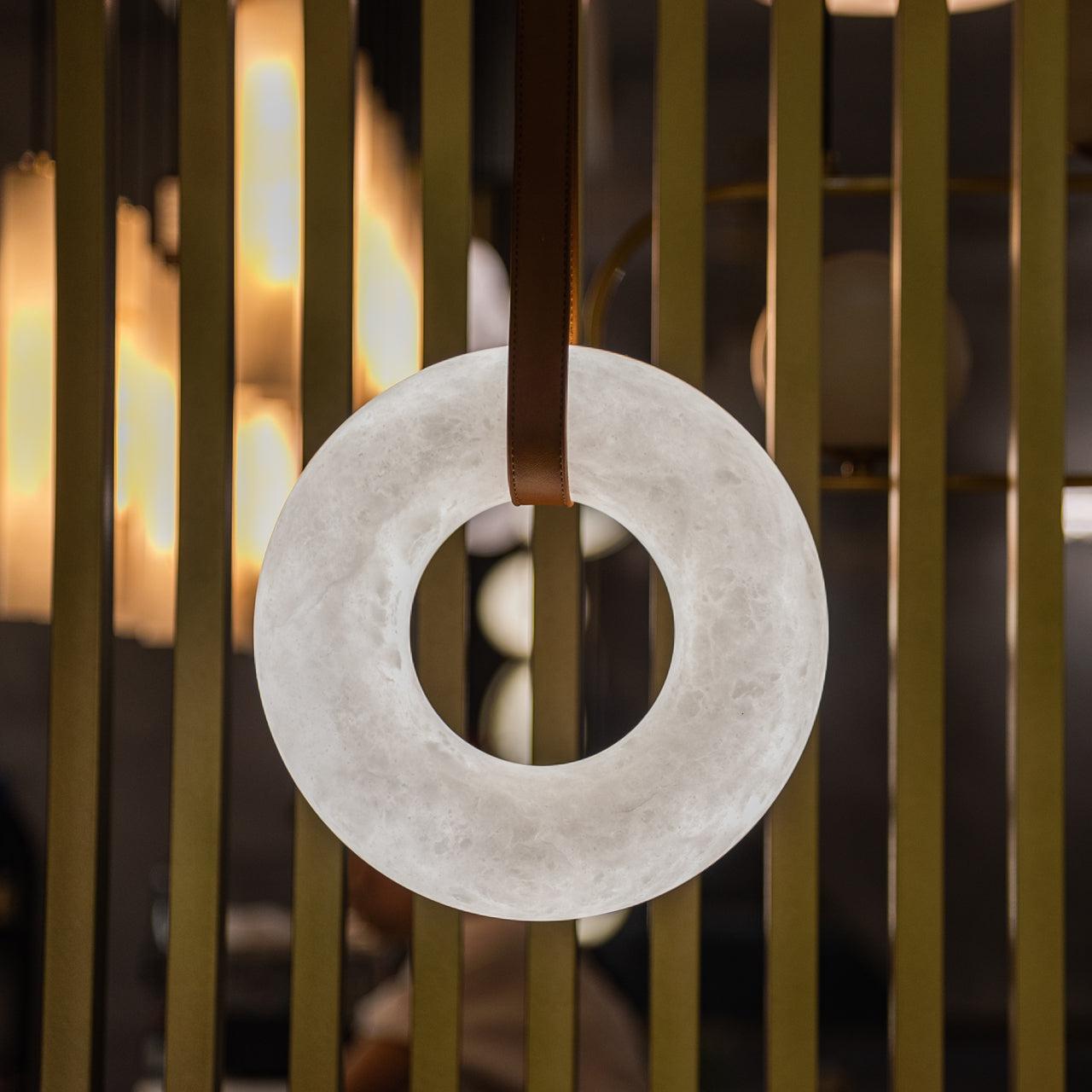 Oslo Pendant Alabaster Chandelier, Halo Ring Chandelier With Leather - 19.7" D Single RingBlushlighting