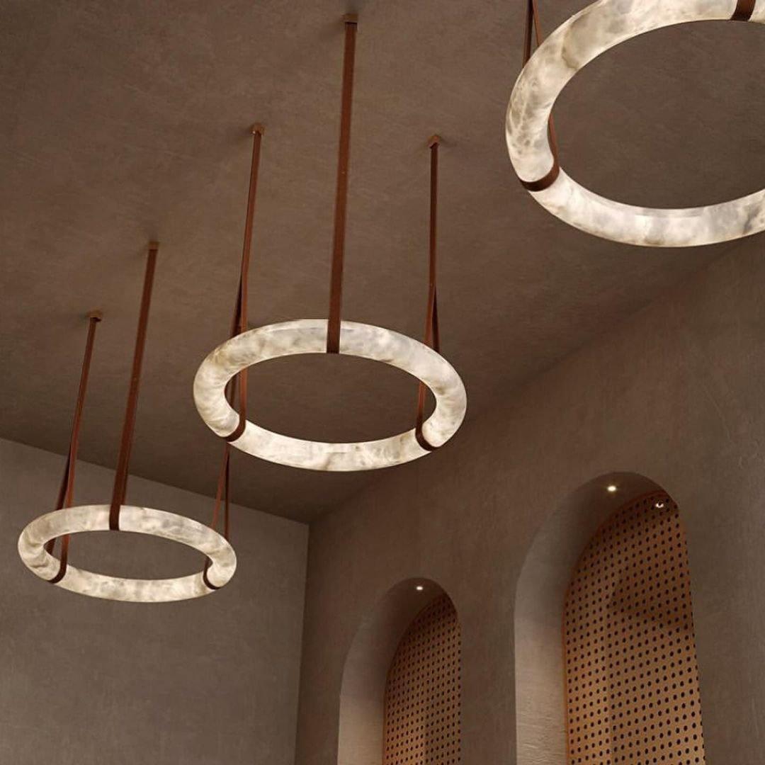 Oslo Pendant Alabaster Chandelier, Halo Ring Chandelier With Leather - 23.6" D Single RingBlushlighting