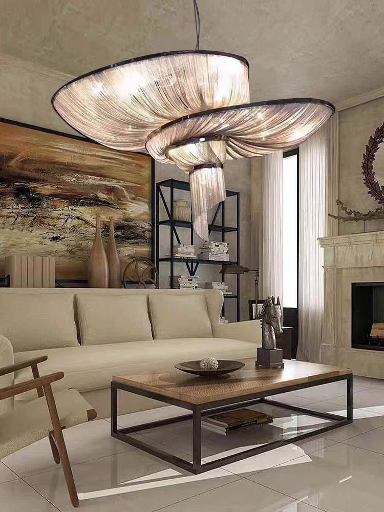 Oversized Art Fashion Spiral Tassel Aluminum Chain Chandelier for Living Room/Foyer - Black NickelD23.6"*H17.7"Warm LightBlushlighting