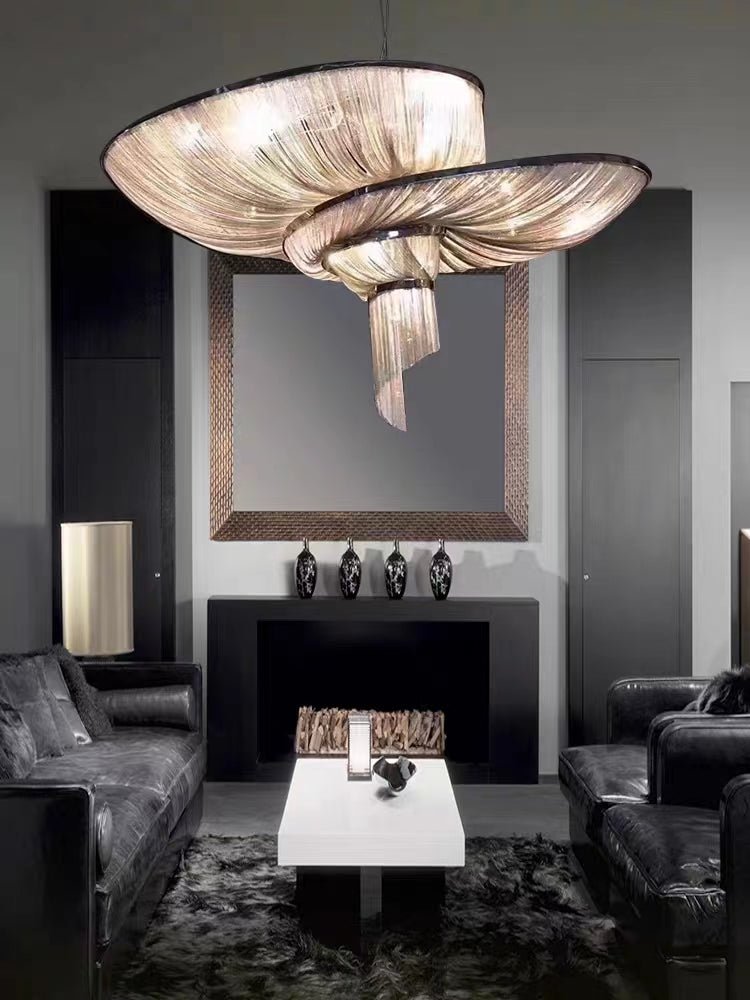 Oversized Art Fashion Spiral Tassel Aluminum Chain Chandelier for Living Room/Foyer - Black NickelD23.6"*H17.7"Warm LightBlushlighting