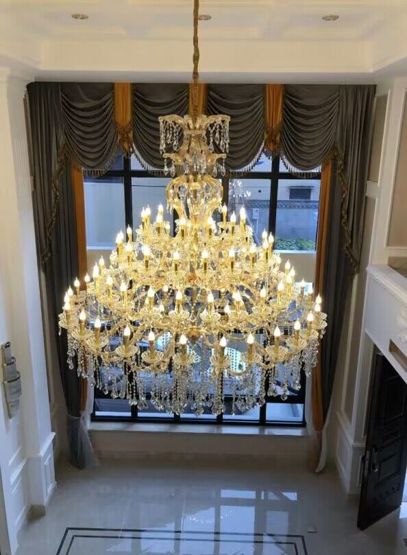 Oversized Luxury Traditional Gold/Chrome Candle Branch Crystal Chandelier for 2 - story/Duplex Buildings - D59.1"*H92.3"ChromeWarm LightBlushlighting