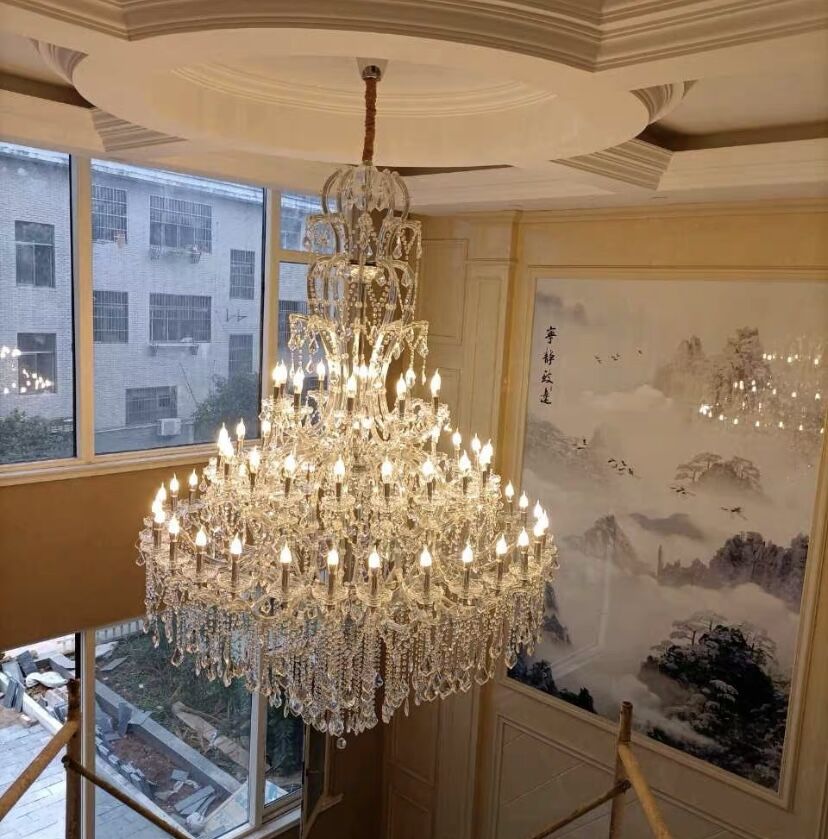 Oversized Luxury Traditional Gold/Chrome Candle Branch Crystal Chandelier for 2 - story/Duplex Buildings - D59.1"*H92.3"ChromeWarm LightBlushlighting