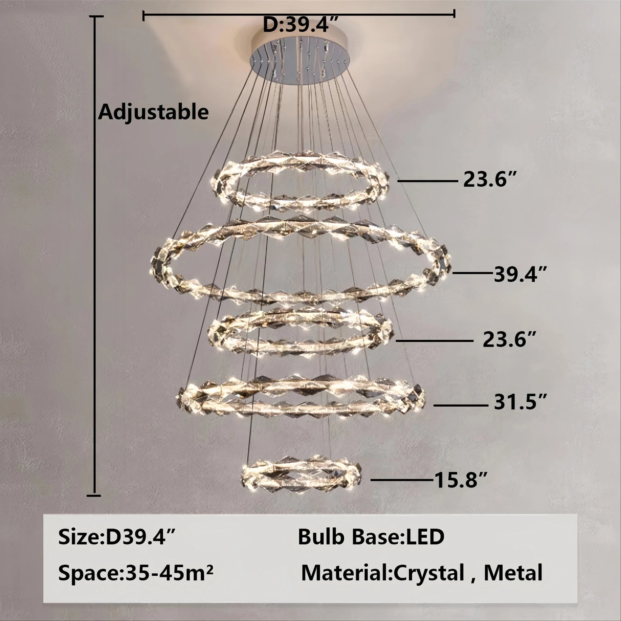 Oversized Multi - Tiered Rings Crystal Chandelier Modern Clear and Grey Crystal Ceiling Light Fixture For Staircase/Foyer/Hallway/Entryway - 5 Layers: D39.4"*H118.1"Warm LightBlushlighting