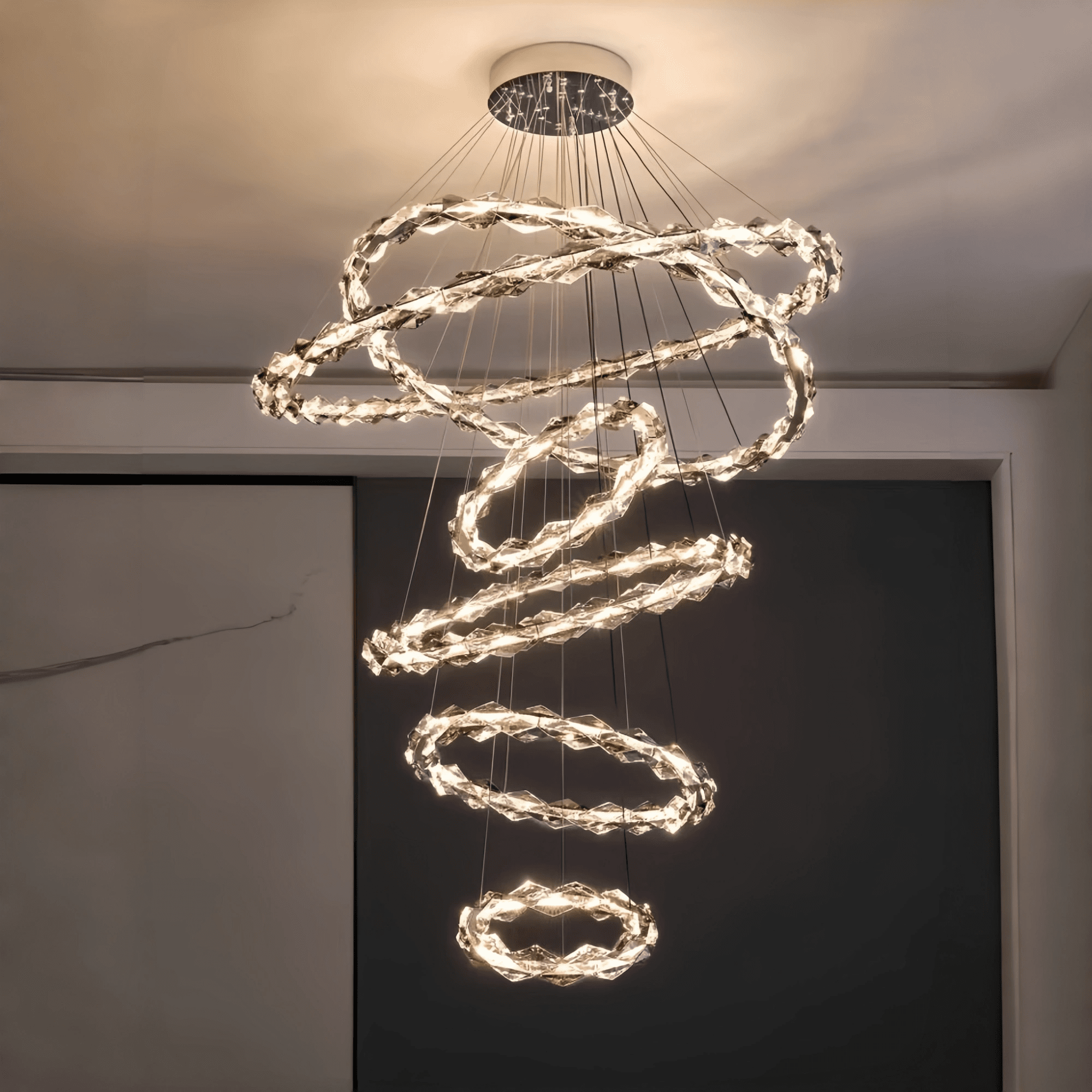 Oversized Multi - Tiered Rings Crystal Chandelier Modern Clear and Grey Crystal Ceiling Light Fixture For Staircase/Foyer/Hallway/Entryway - 5 Layers: D39.4"*H118.1"Warm LightBlushlighting