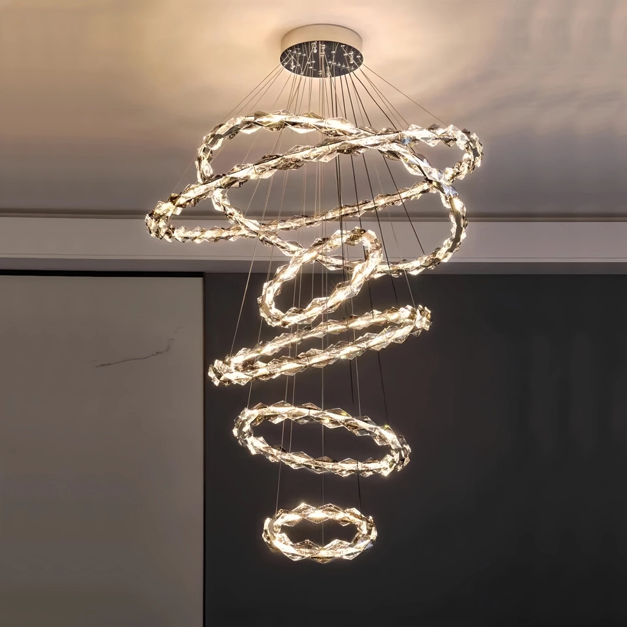 Oversized Multi - Tiered Rings Crystal Chandelier Modern Clear and Grey Crystal Ceiling Light Fixture For Staircase/Foyer/Hallway/Entryway - 5 Layers: D39.4"*H118.1"Warm LightBlushlighting