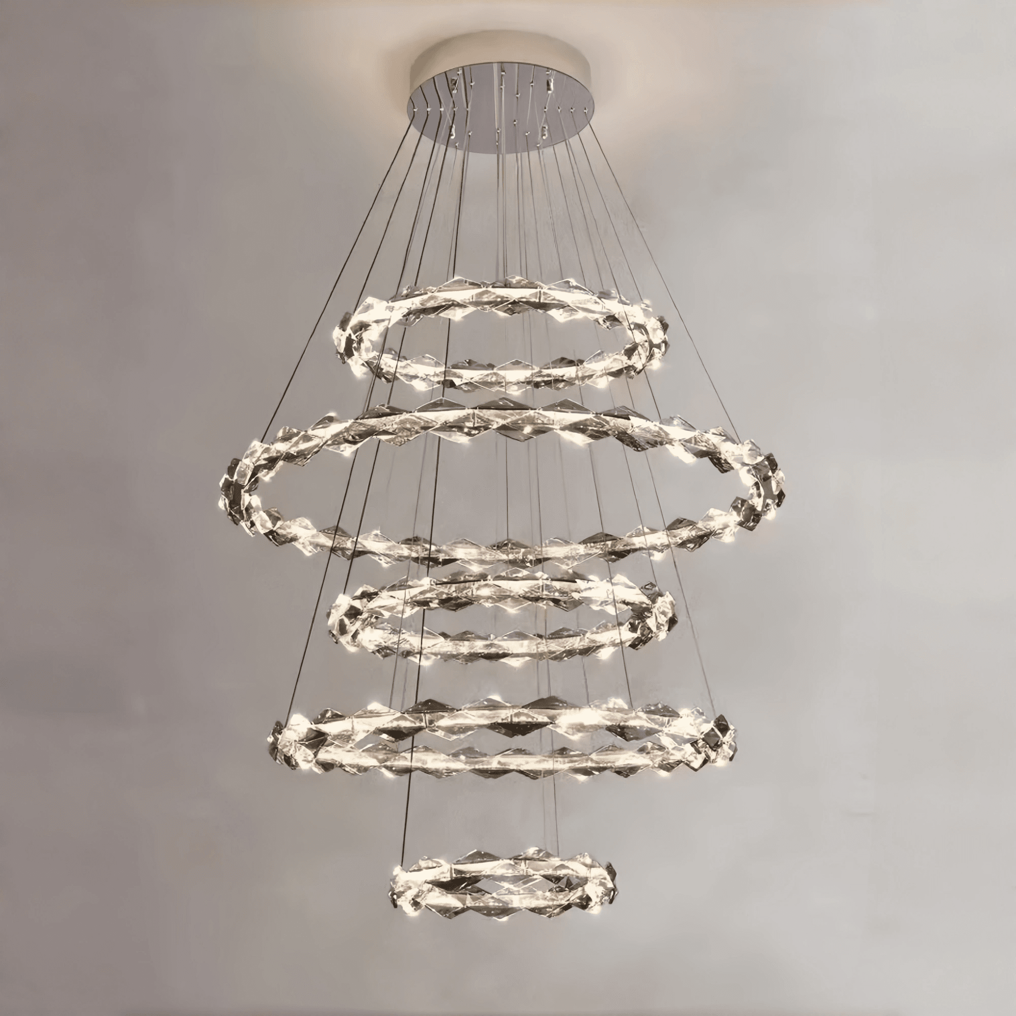 Oversized Multi - Tiered Rings Crystal Chandelier Modern Clear and Grey Crystal Ceiling Light Fixture For Staircase/Foyer/Hallway/Entryway - 5 Layers: D39.4"*H118.1"Warm LightBlushlighting