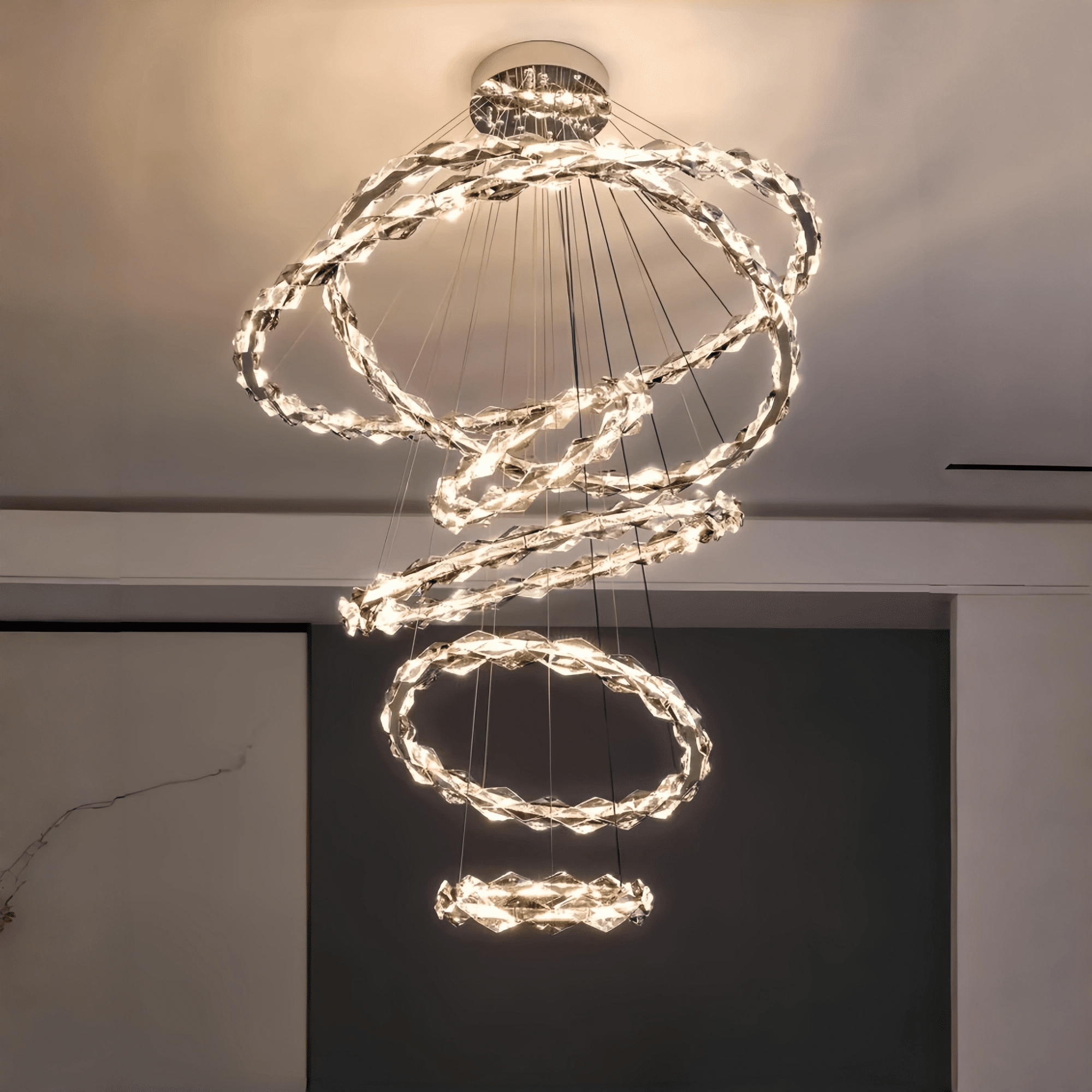 Oversized Multi - Tiered Rings Crystal Chandelier Modern Clear and Grey Crystal Ceiling Light Fixture For Staircase/Foyer/Hallway/Entryway - 5 Layers: D39.4"*H118.1"Warm LightBlushlighting