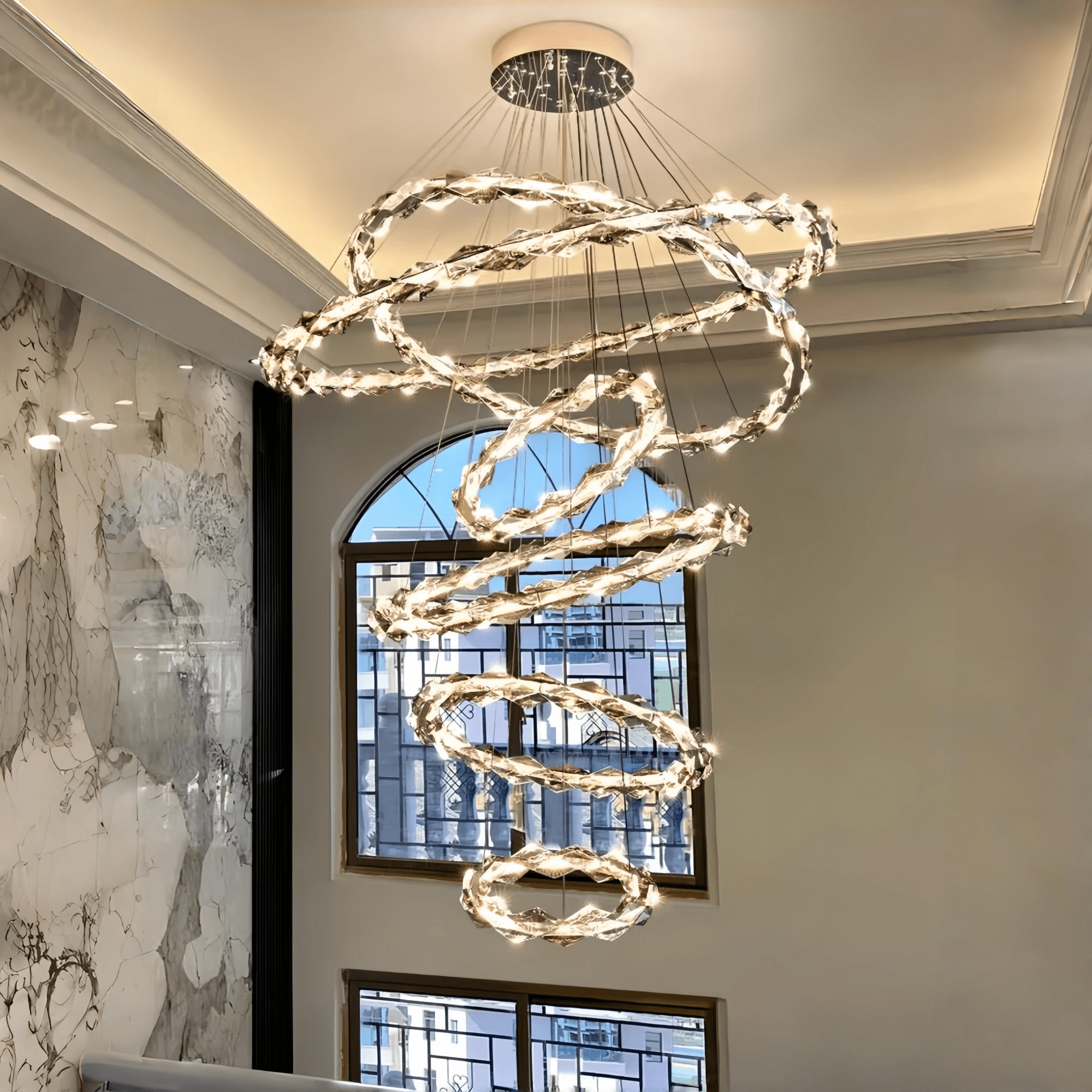 Oversized Multi - Tiered Rings Crystal Chandelier Modern Clear and Grey Crystal Ceiling Light Fixture For Staircase/Foyer/Hallway/Entryway - 5 Layers: D39.4"*H118.1"Warm LightBlushlighting