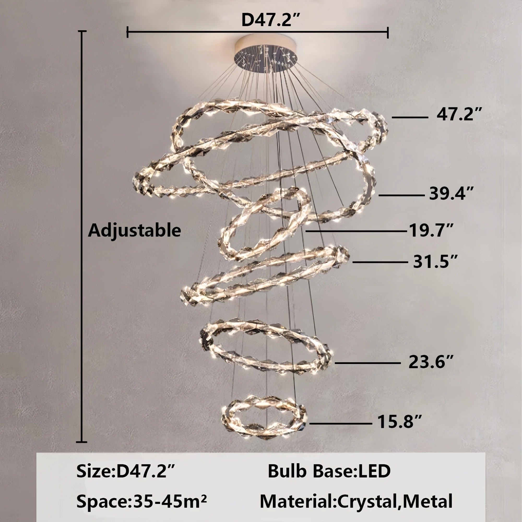 Oversized Multi - Tiered Rings Crystal Chandelier Modern Clear and Grey Crystal Ceiling Light Fixture For Staircase/Foyer/Hallway/Entryway - 5 Layers: D39.4"*H118.1"Warm LightBlushlighting