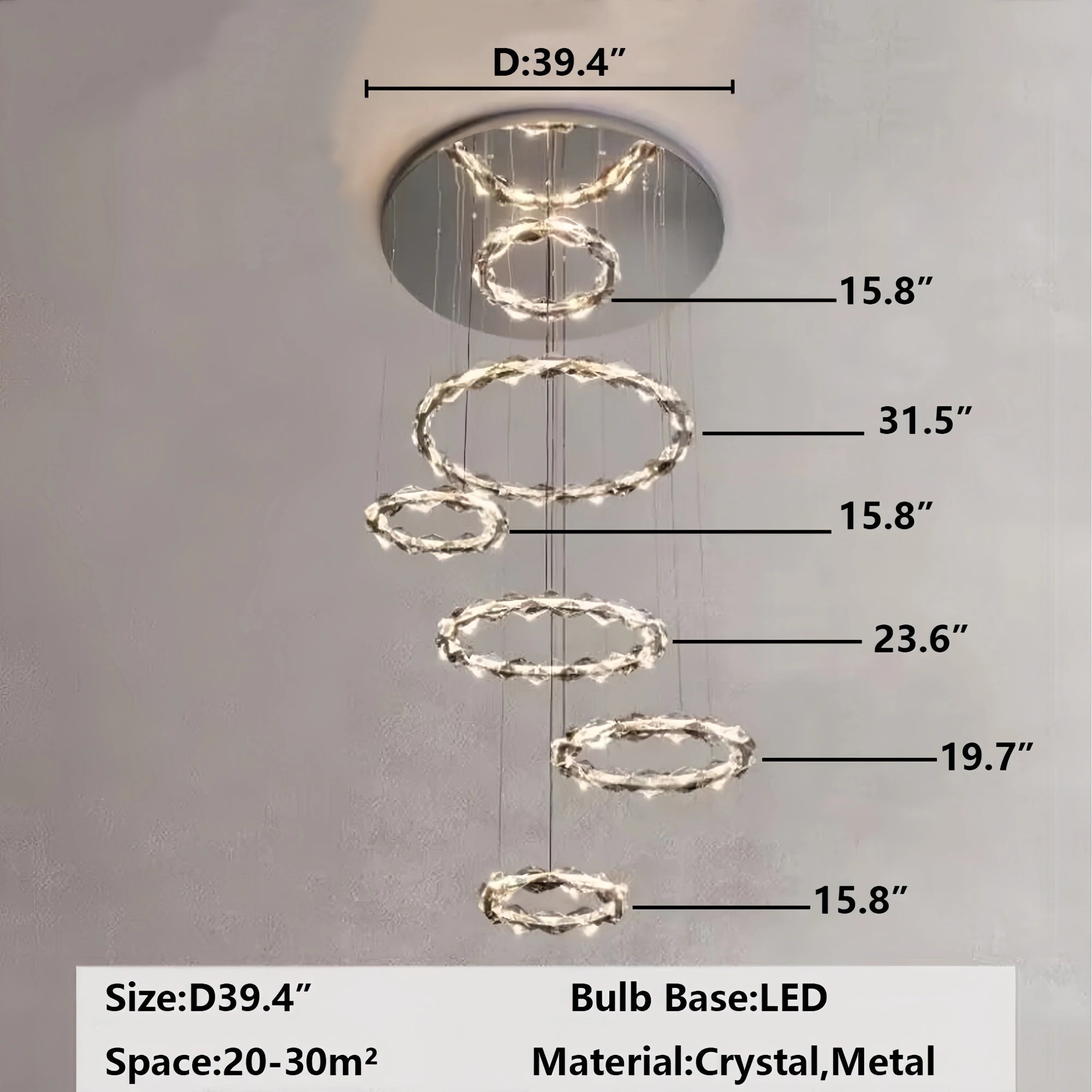 Oversized Multi - Tiered Rings Crystal Chandelier Modern Clear and Grey Crystal Ceiling Light Fixture For Staircase/Foyer/Hallway/Entryway - 5 Layers: D39.4"*H118.1"Warm LightBlushlighting