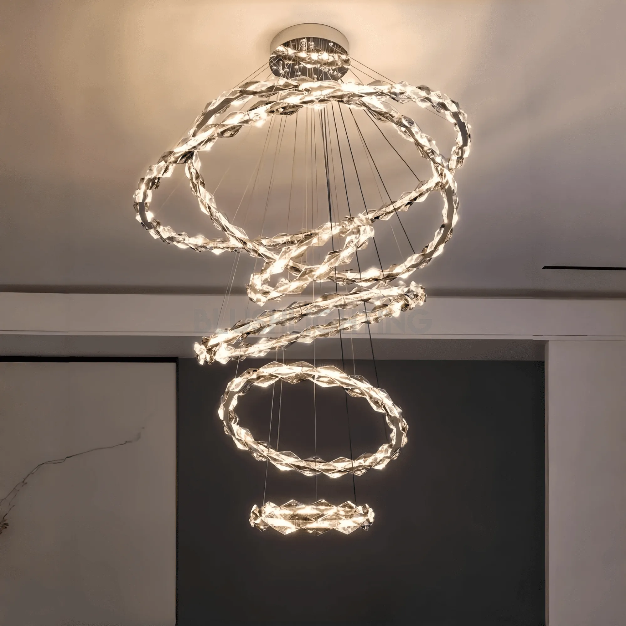 Oversized Multi-Tiered Rings Crystal Chandelier Modern Clear and Grey Crystal Ceiling Light Fixture For Staircase/Foyer/Hallway/Entryway-Blushlighting-Blushlighting