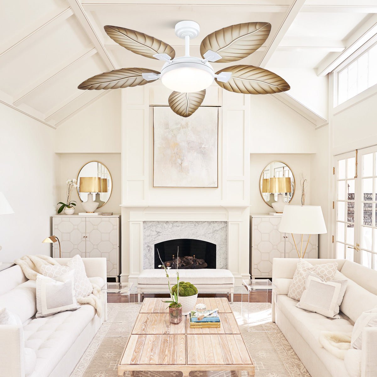 Palm Leaf Ceiling Fans with Lights Tropical Ceiling Fans 6 Speeds Reversible Wood Grain 52" - Blushlighting