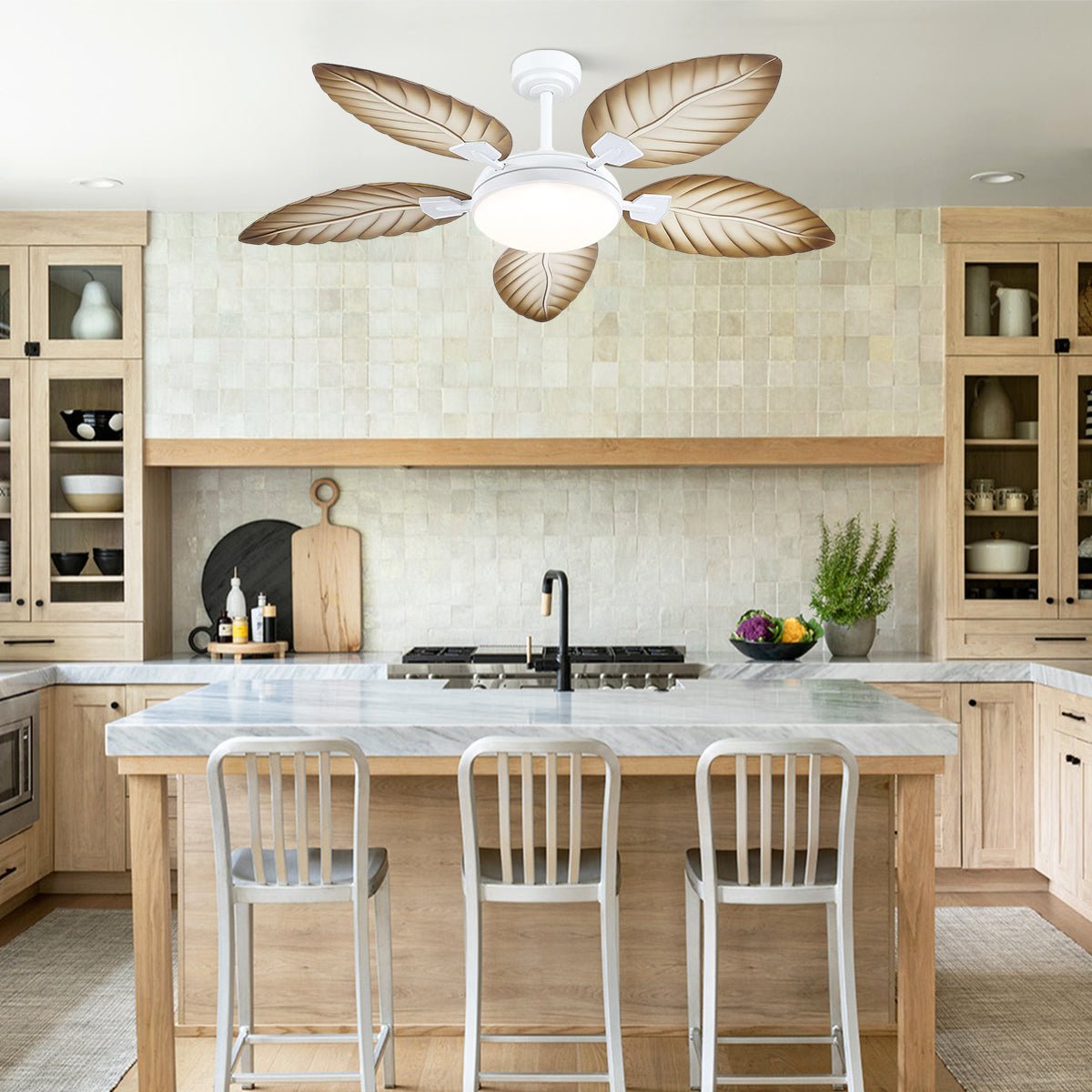 Palm Leaf Ceiling Fans with Lights Tropical Ceiling Fans 6 Speeds Reversible Wood Grain 52" - Blushlighting