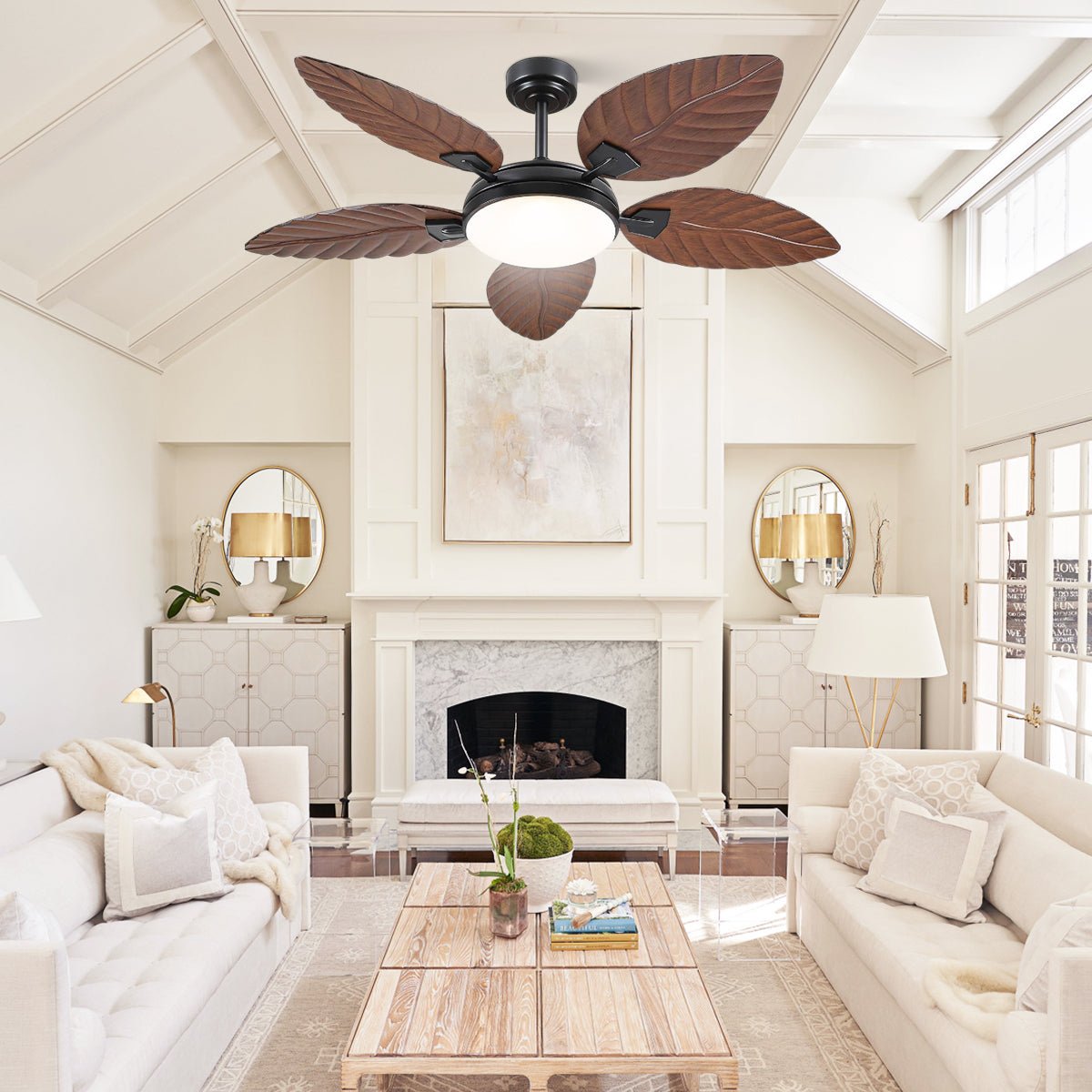 Palm Leaf Ceiling Fans with Lights Tropical Ceiling Fans 6 Speeds Reversible Wood Grain 52" - Blushlighting