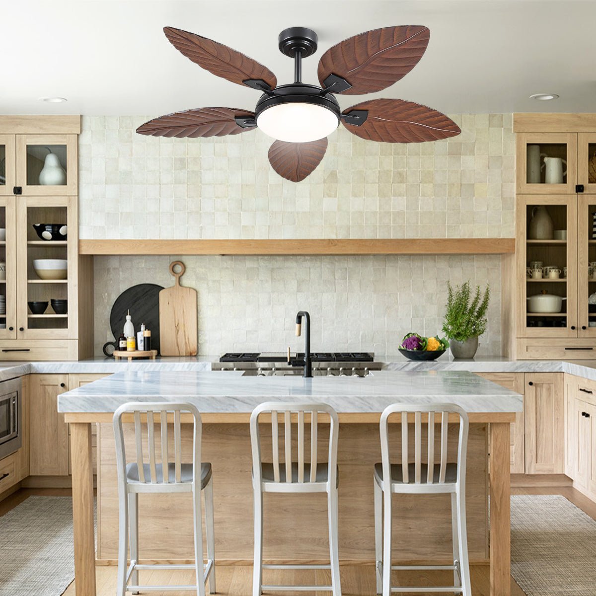 Palm Leaf Ceiling Fans with Lights Tropical Ceiling Fans 6 Speeds Reversible Wood Grain 52" - Blushlighting