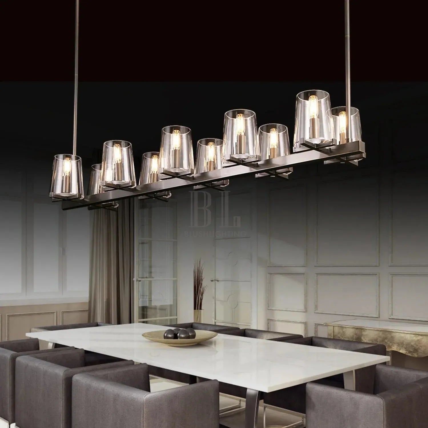 Pauilla Claar Glass Linear Chandelier 49"60"-Linear 49" 10-Ligth-Polished Nickel-Blushlighting