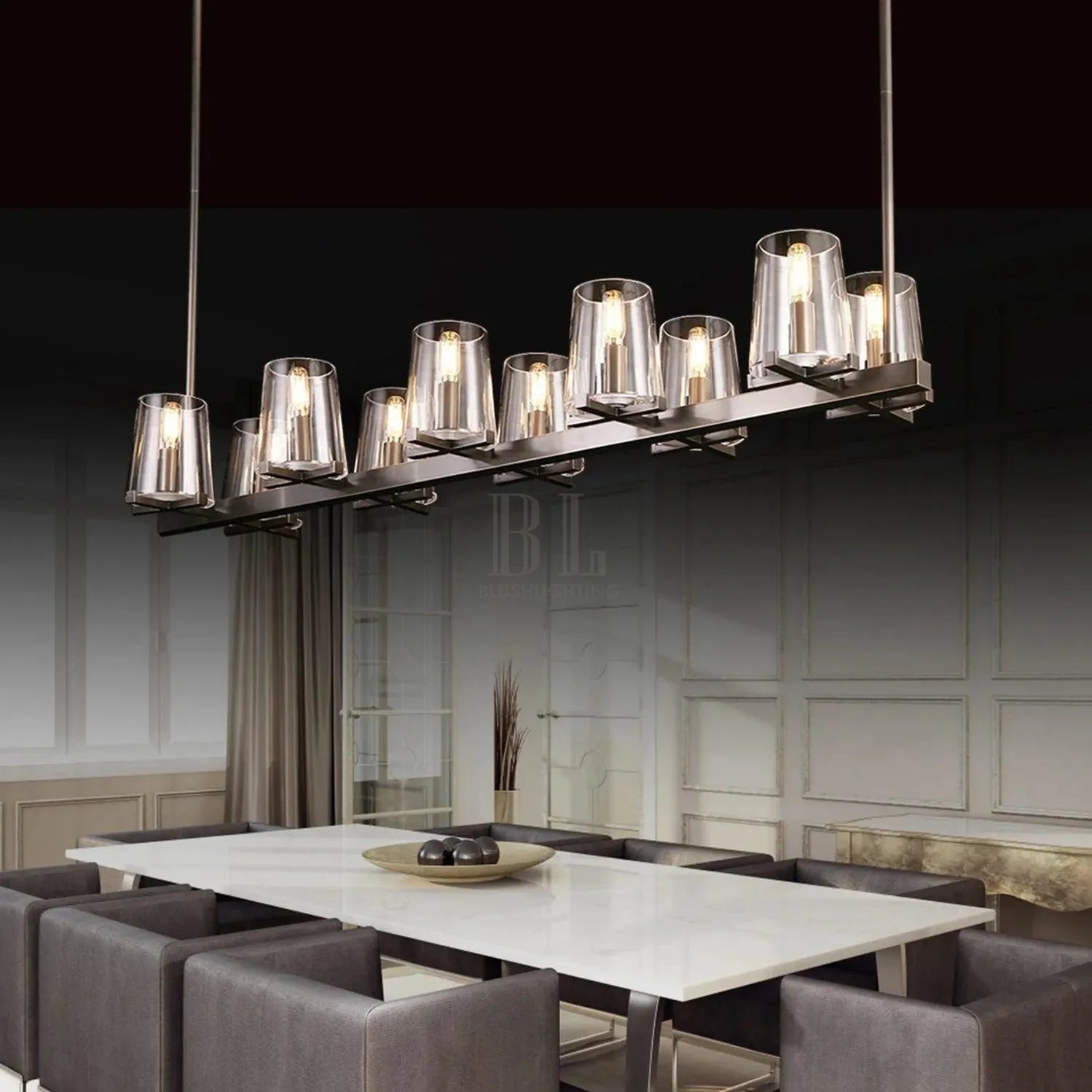 Pauilla Claar Glass Linear Chandelier 49"60"-Linear 49" 10-Ligth-Polished Nickel-Blushlighting