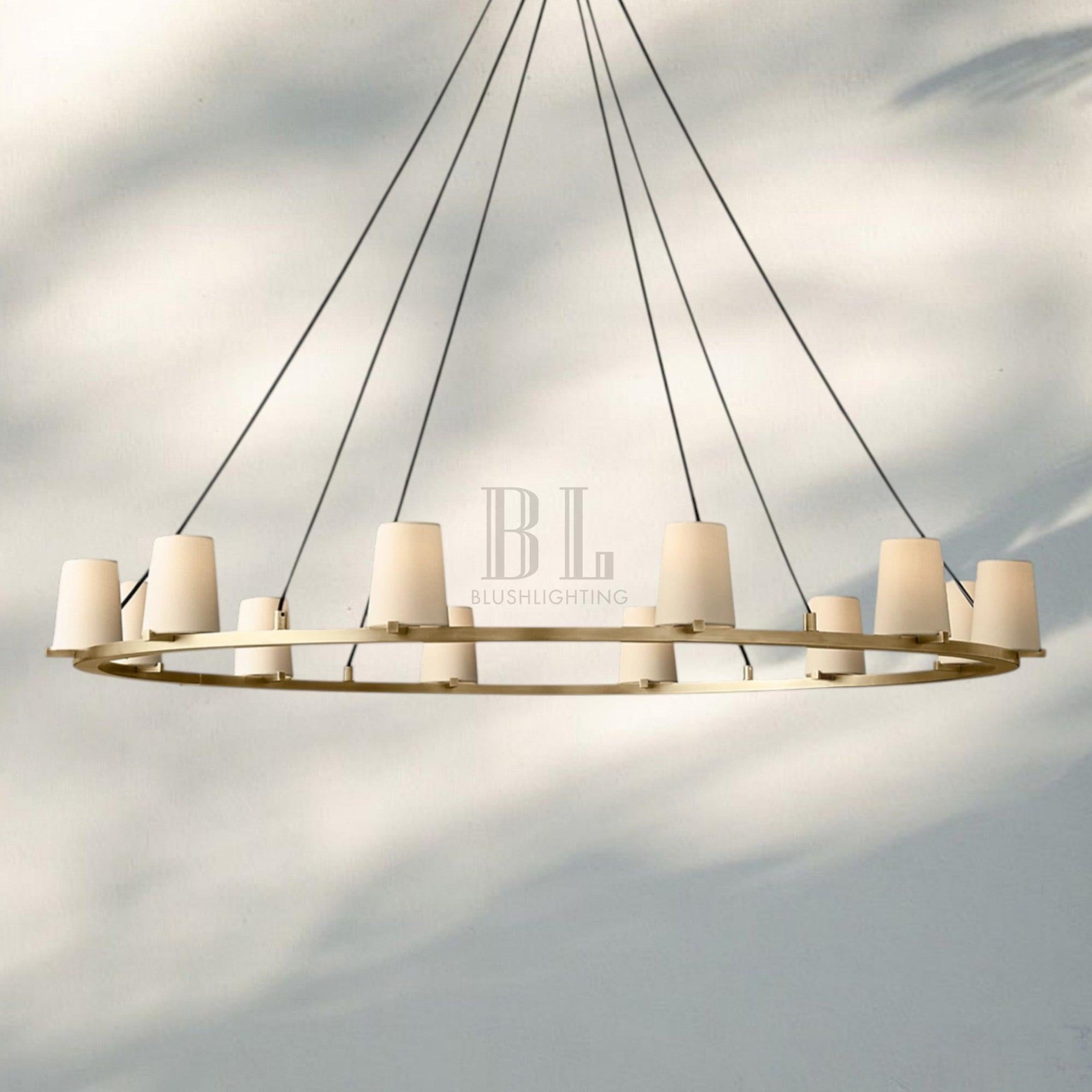 Pauilla Fabric Shade Round Chandelier 36" 48" 60″-60” 12-Light-Lacquered Burnished Brass-