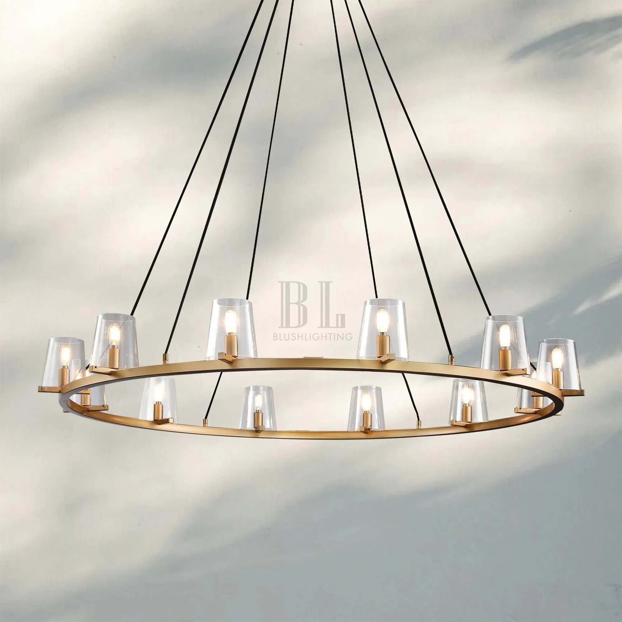 Pauilla Modern Clear Glass Round Chandelier 36'' 48‘’ 60‘’-Round 48" 12-Light-Lacquered Burnished Brass-