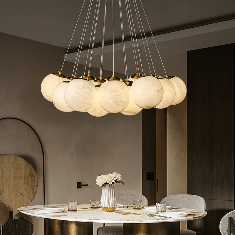 Post Modern Alabaster Globe Ceiling Pendant Light, Alabaster Chandelier Over Dining Table - 19 BallsBlushlighting
