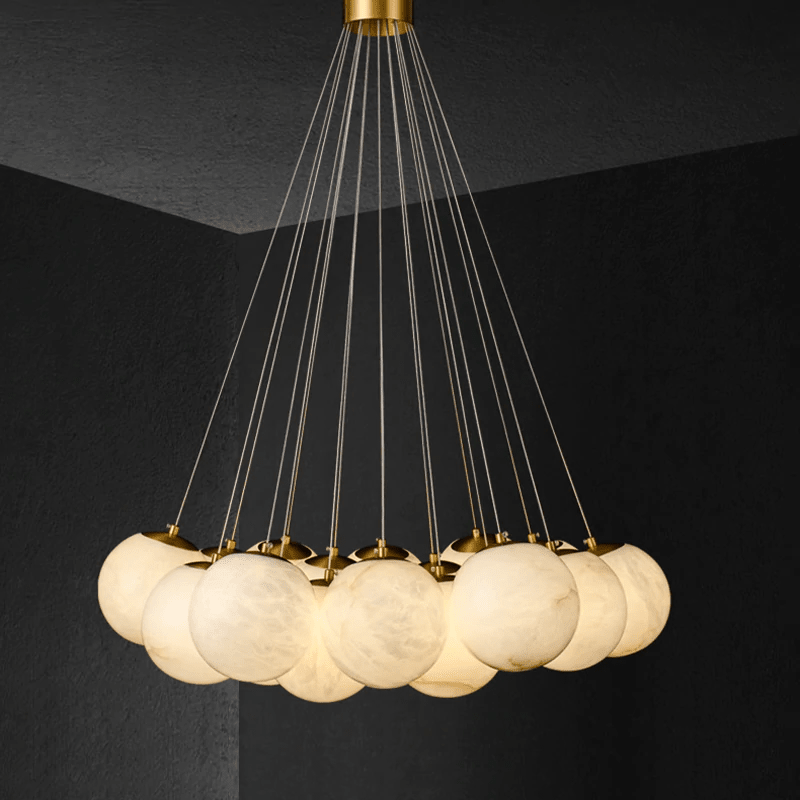 Post Modern Alabaster Globe Ceiling Pendant Light, Alabaster Chandelier Over Dining Table - 19 BallsBlushlighting