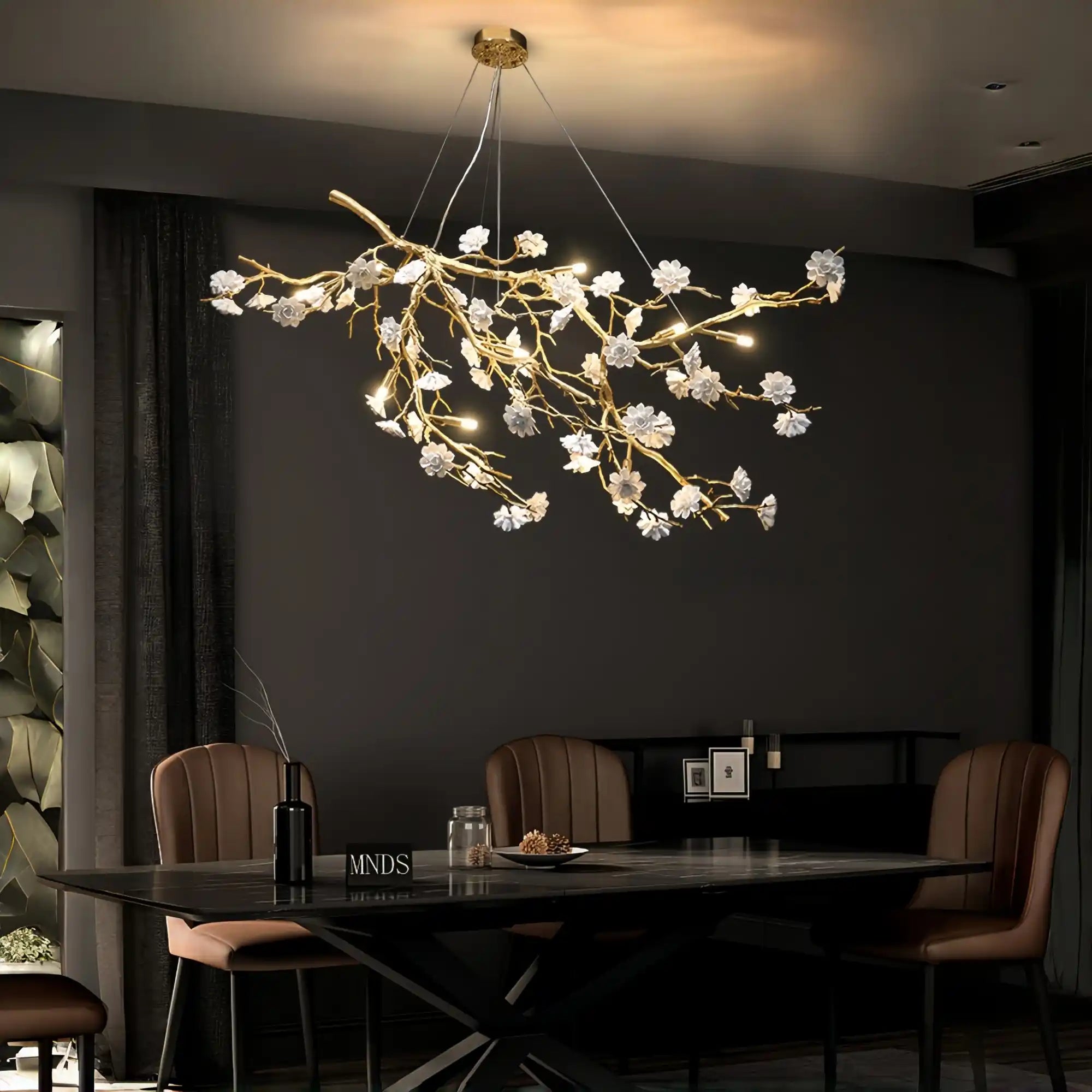 Post-Modern Art Brass and Ceramics Flower Pendant Branch Chandelier for Living/Dining Room-Chandeliers-Blushlighting