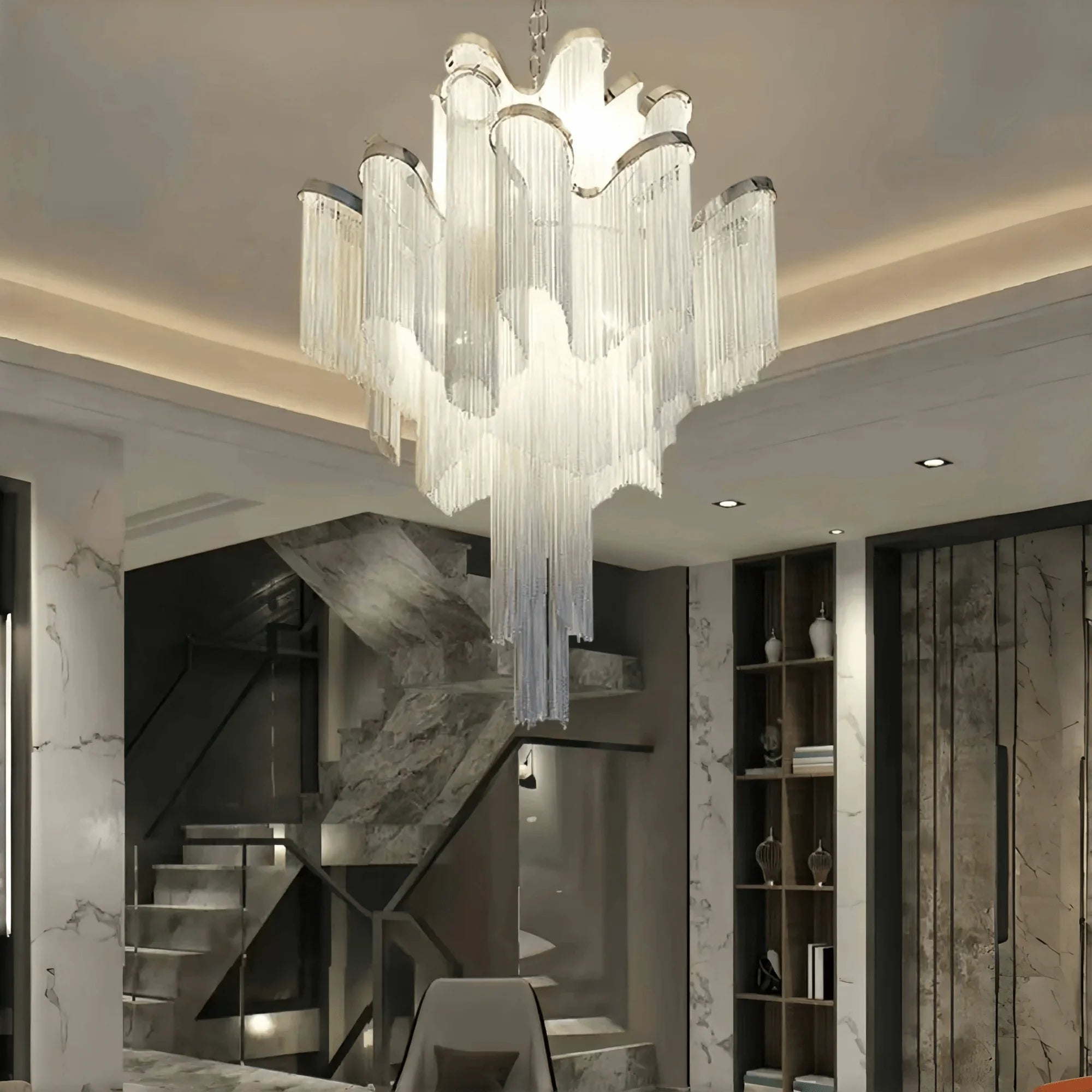 Post - Modern Extra Large Stainless Steel Long Tassel Chandelier - D39.4"*H39.4"SilverDimmable Warm LightBlushlighting