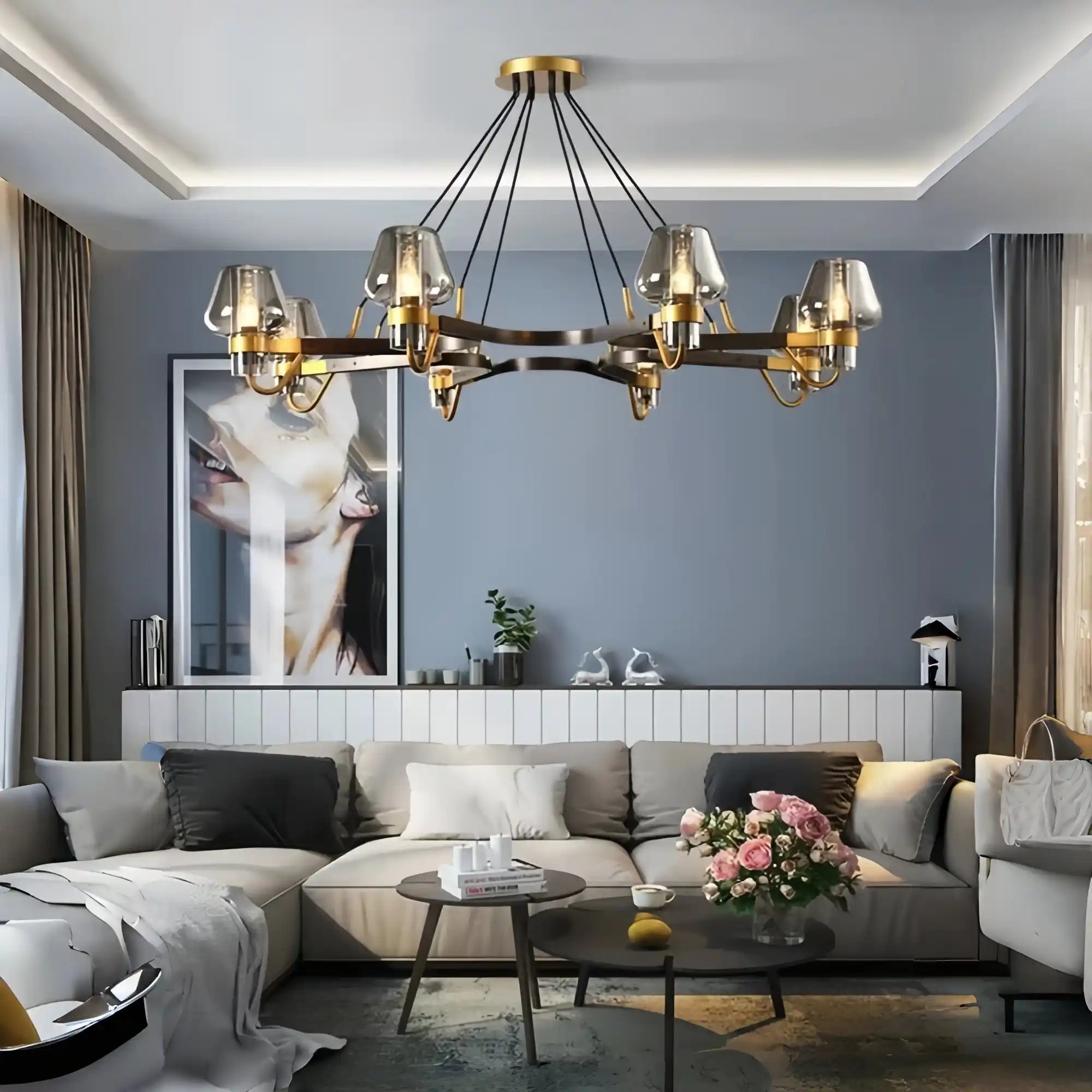 Post - modern Light Luxury Full Brass Chandelier for Living Room/Bedroom - 8 Lights: D39.4"*H8.7"ClearWarm LightBlushlighting