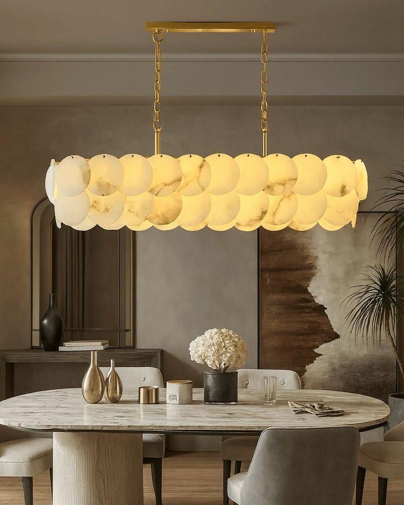 Rectangular Alabaster Chandelier Dia 100/120 with Round Shell Piece String Ceiling for Dining room - L100*W30*H40CM/L39.37*W11.81*H15.75"White + BrassBlushlighting