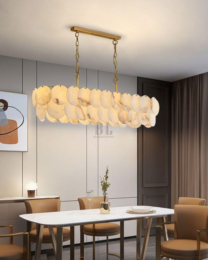Rectangular Alabaster Chandelier Dia 100/120 with Round Shell Piece String Ceiling for Dining room - L100*W30*H40CM/L39.37*W11.81*H15.75"White + BrassBlushlighting