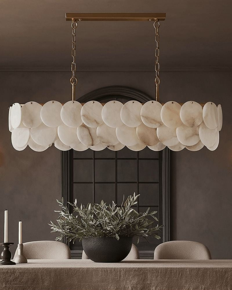 Rectangular Alabaster Chandelier Dia 100/120 with Round Shell Piece String Ceiling for Dining room - L100*W30*H40CM/L39.37*W11.81*H15.75"White + BrassBlushlighting