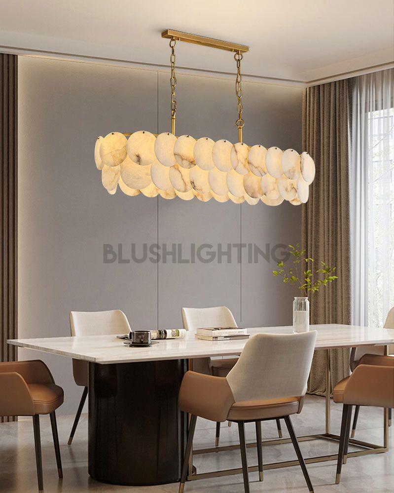 Rectangular Alabaster Chandelier Dia 100/120 with Round Shell Piece String Ceiling for Dining room - L100*W30*H40CM/L39.37*W11.81*H15.75"White + BrassBlushlighting