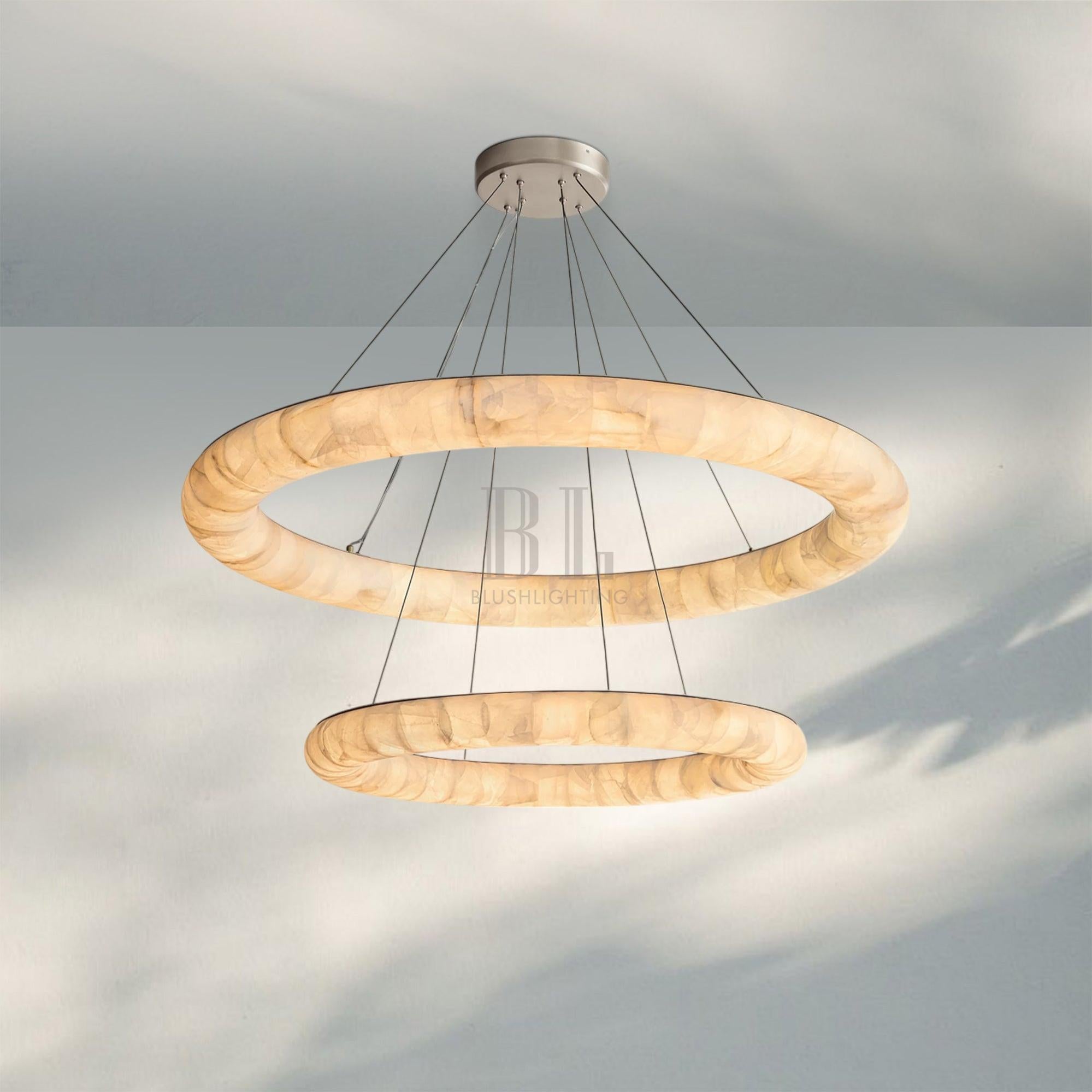 Rivaga Lisse Alabaster Two-Tiered Round Chandelier 61"-Satin Nickel-