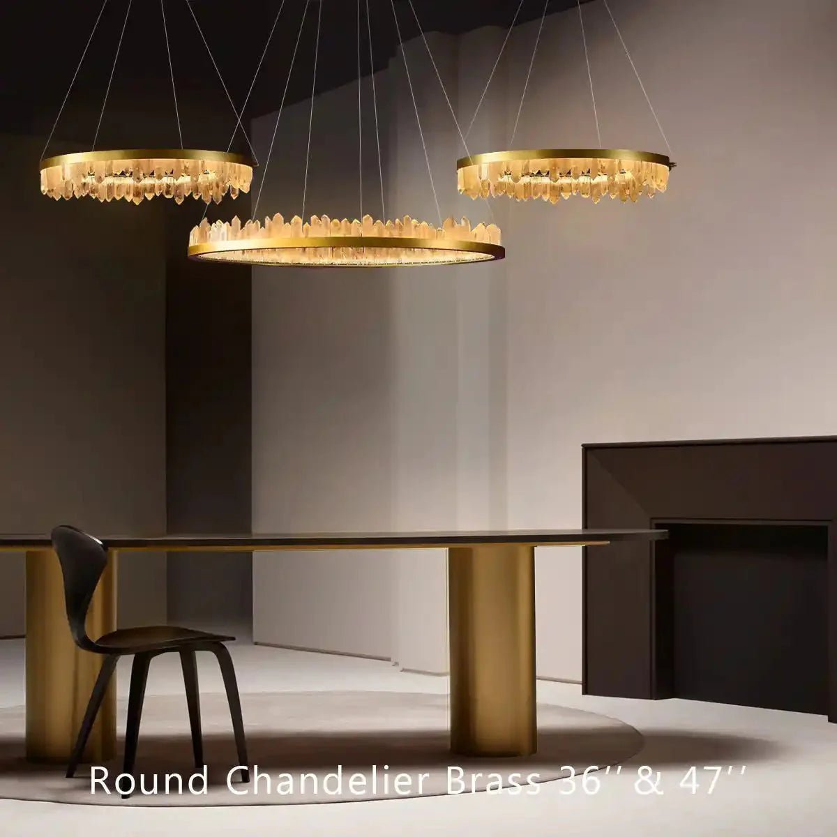 Round Modern Chandelier Brass & Clear Geode Quartz Crystal Hanging Light - Three Rings 36‘’ + 36‘’ + 47‘’BrassBlushlighting
