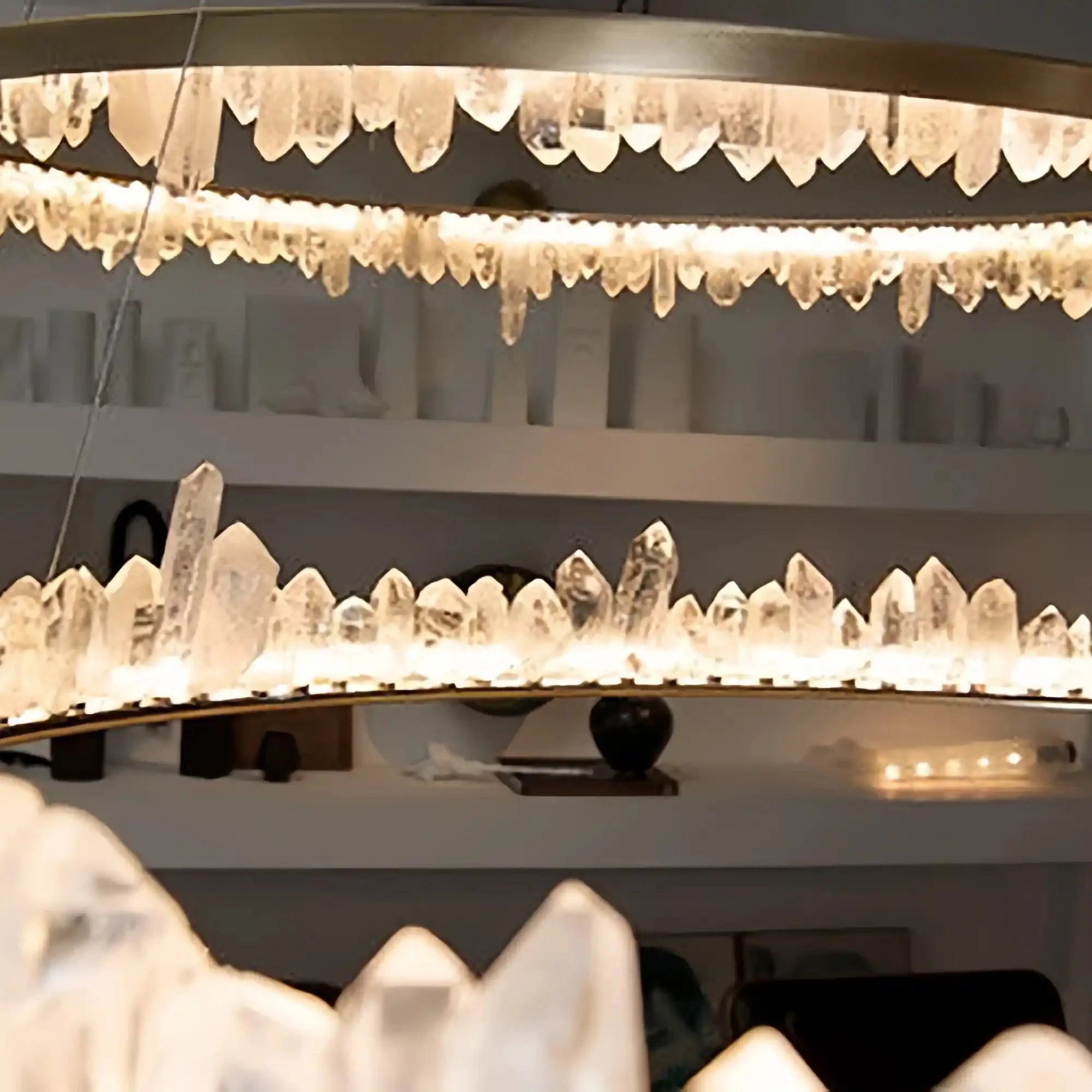 Round Modern Chandelier Brass & Clear Geode Quartz Crystal Hanging Light - Blushlighting