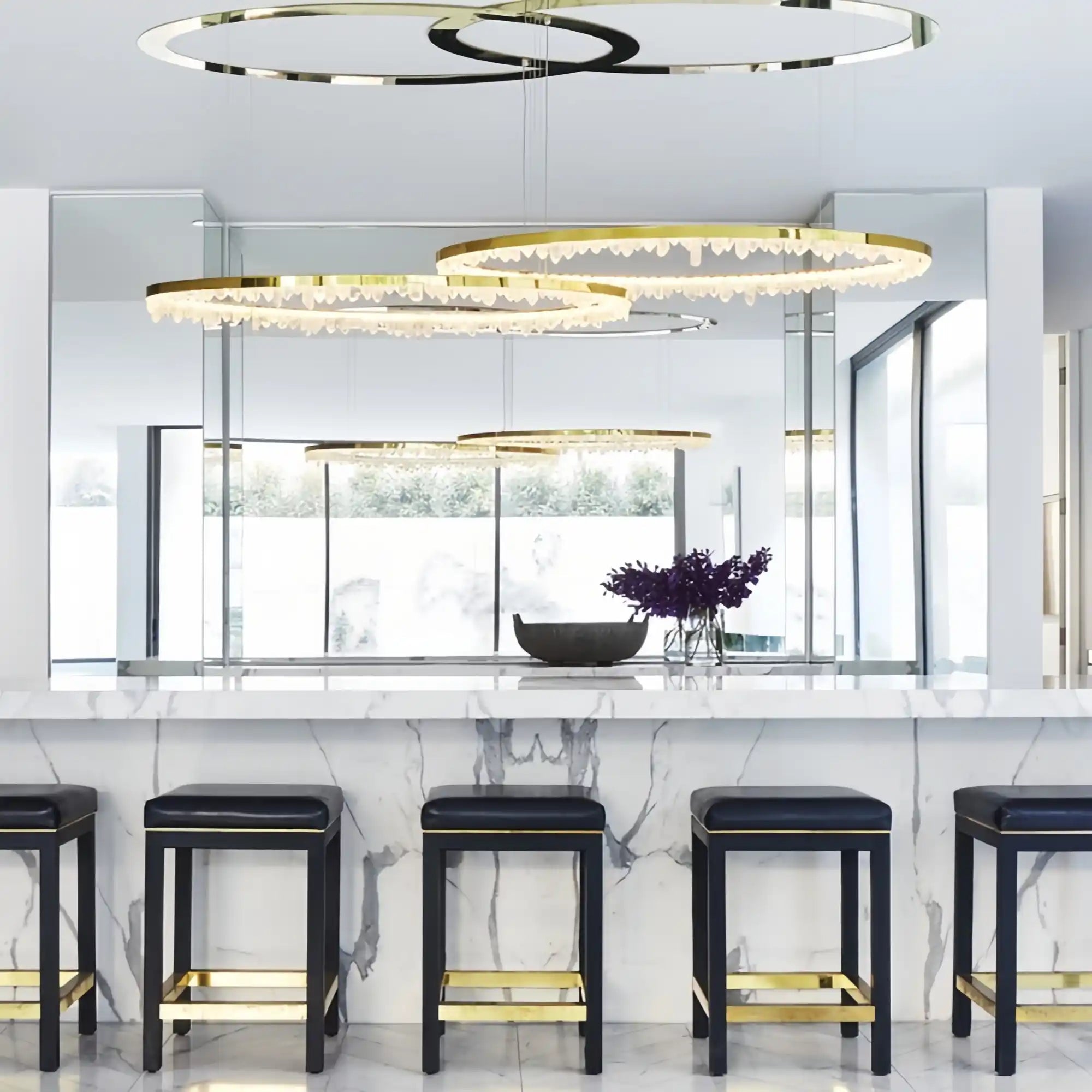 Round Modern Chandelier Brass & Clear Geode Quartz Crystal Hanging Light - Blushlighting