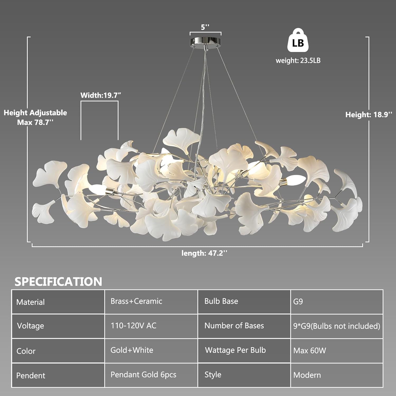 Silver Ceramic Ginkgo Leaf Branch Chandelier – 47.2" Brass Rectangle - Silver47.2INCHBlushlighting