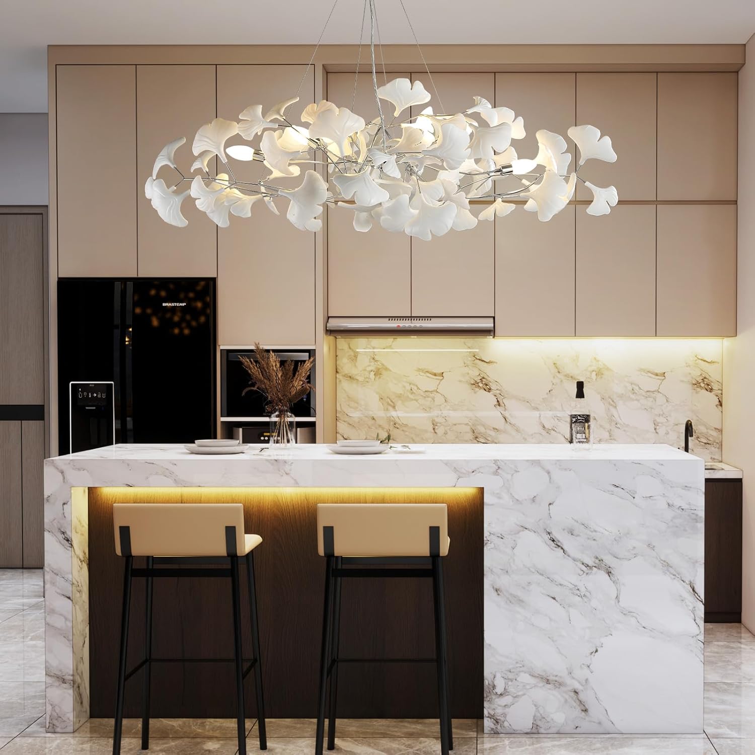 Silver Ceramic Ginkgo Leaf Branch Chandelier – 47.2" Brass Rectangle - Silver47.2INCHBlushlighting