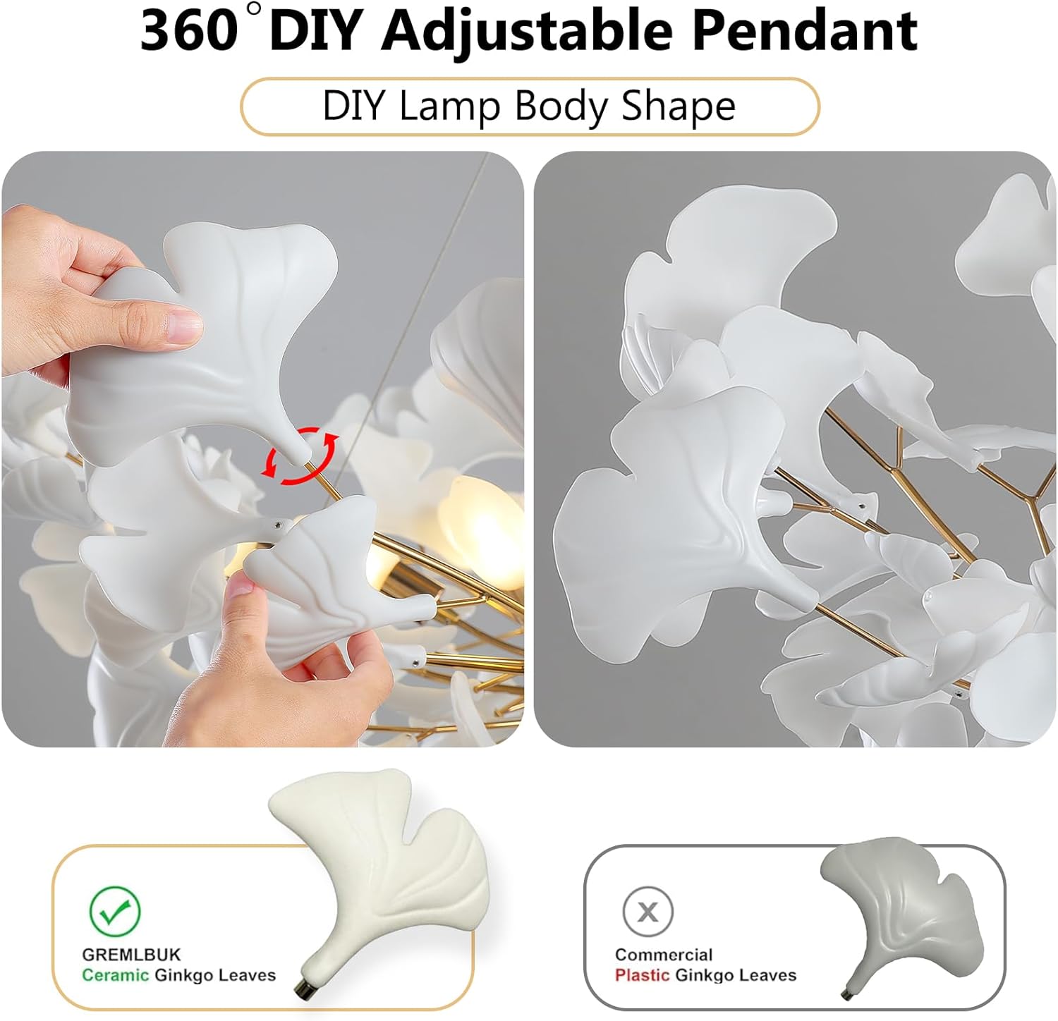 Silver Ceramic Ginkgo Leaf Tree Branch Chandelier – 40" Round Luxury Fixture - Silver40INCHBlushlighting