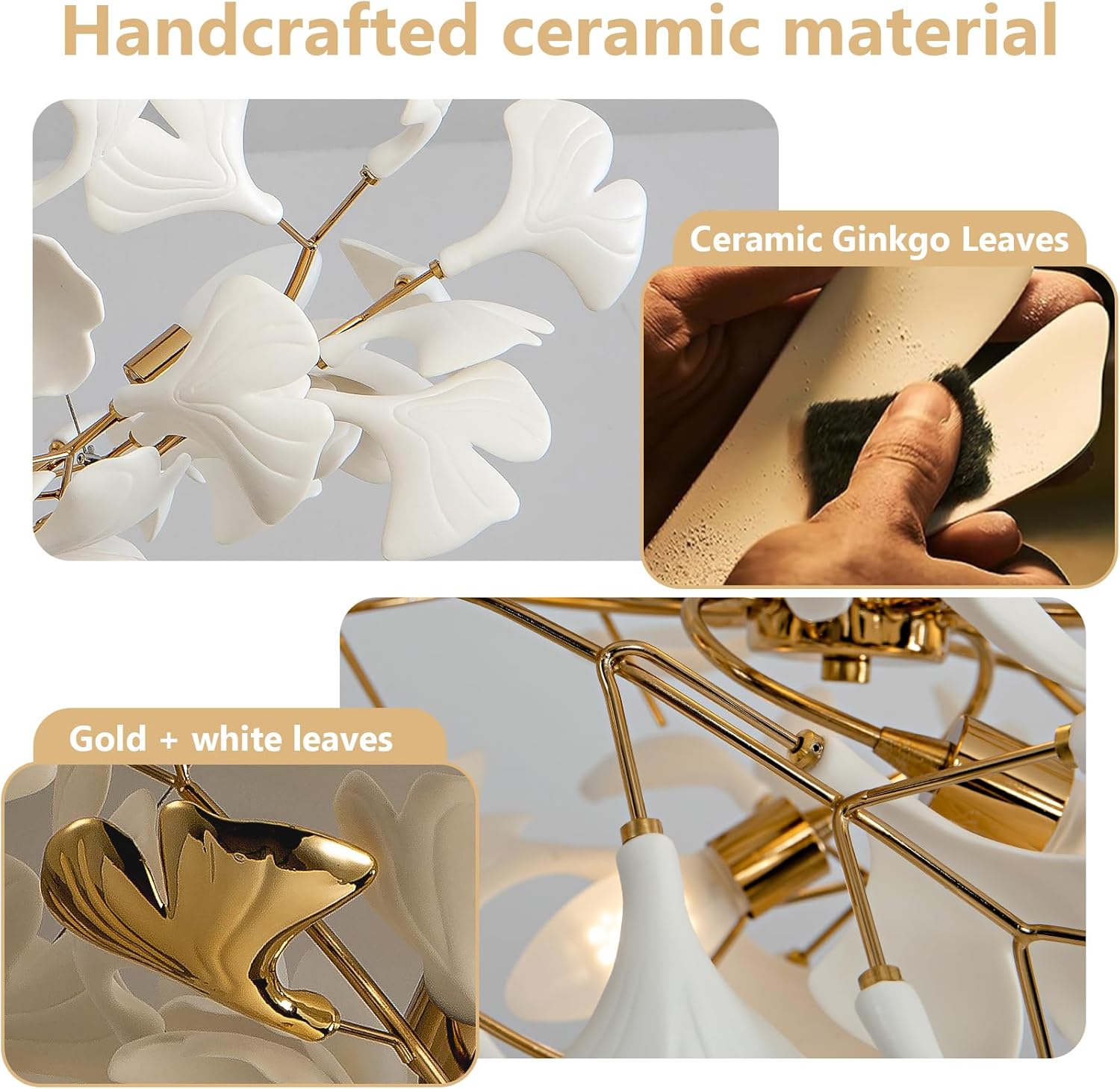 Gold Ceramic Ginkgo Leaf Tree Branch Chandelier – 40" Round Luxury Fixture