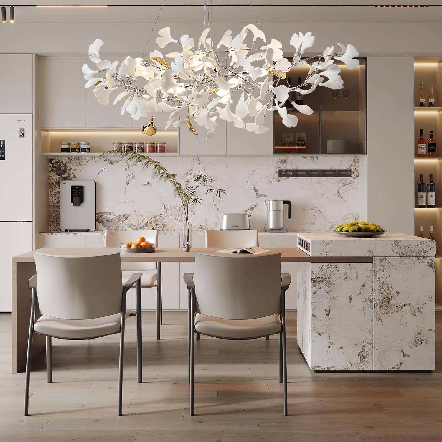 Silver Ginkgo Leaf Branch Chandelier – 59" Modern Brass Light - Silver59INCHBlushlighting