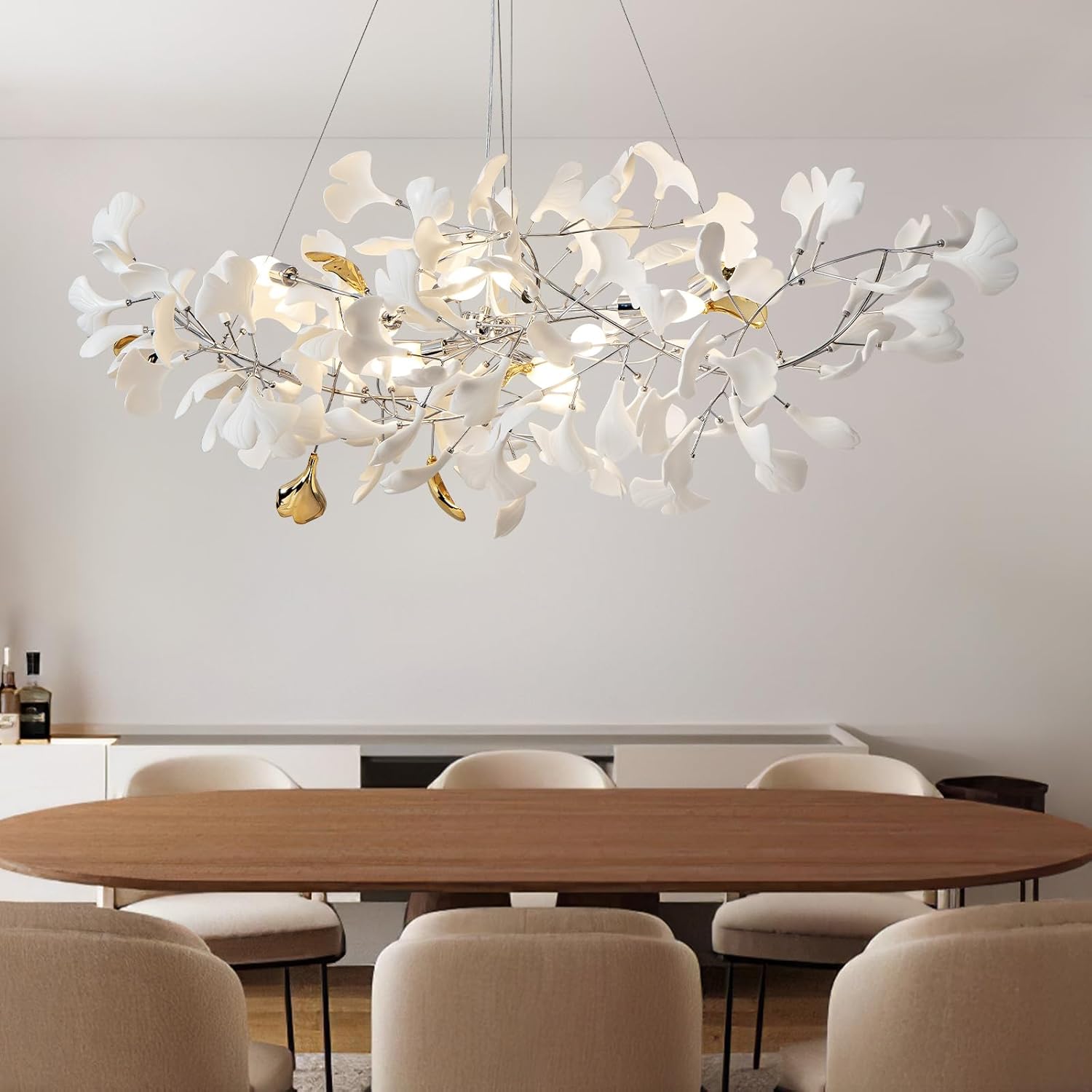 Silver Ginkgo Leaf Branch Chandelier – 59" Modern Brass Light - Silver59INCHBlushlighting